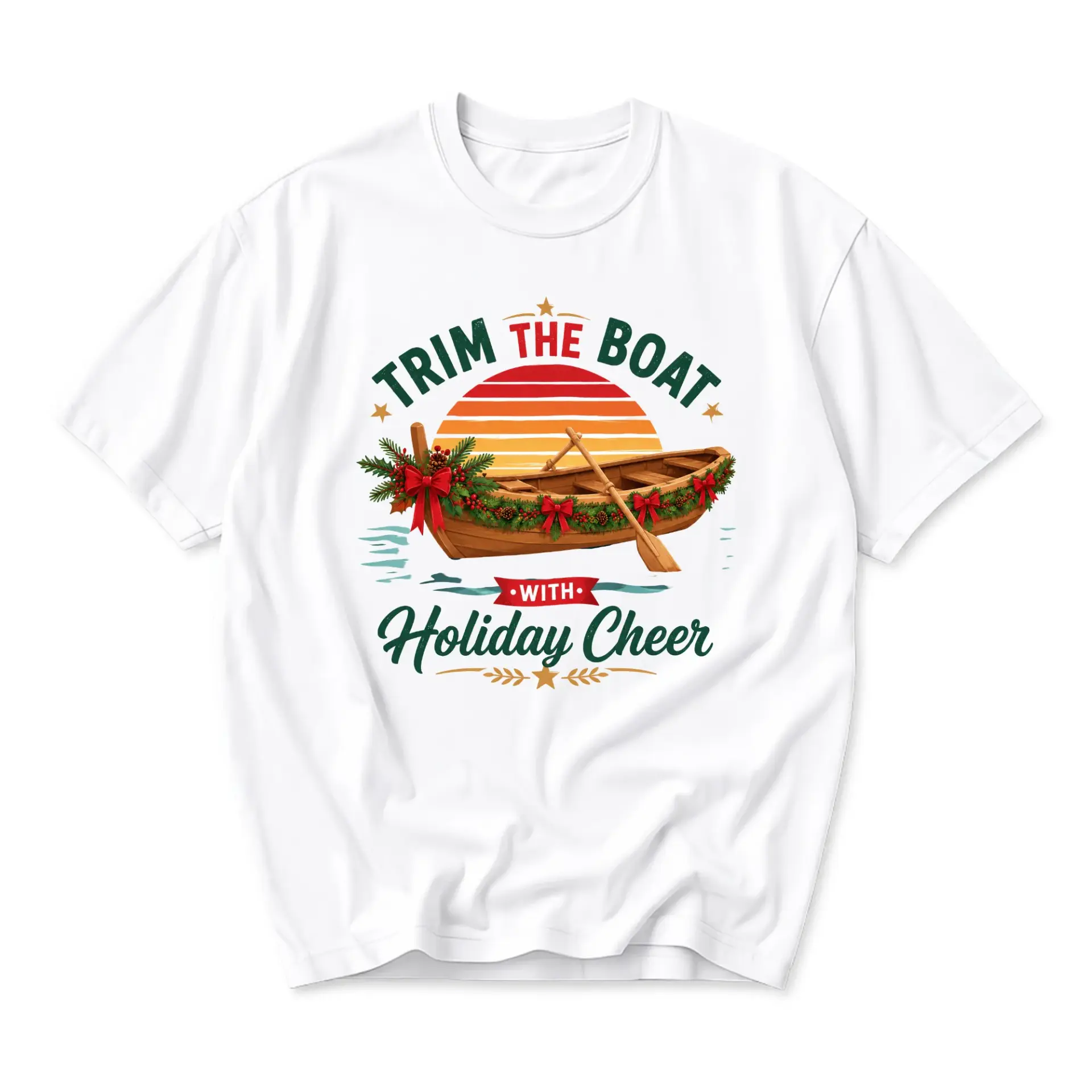 Funny Shirt Trim the Boat with Holiday Cheer Graphic Tee Unisex Casual Crew Neck Festive Themed Apparel White