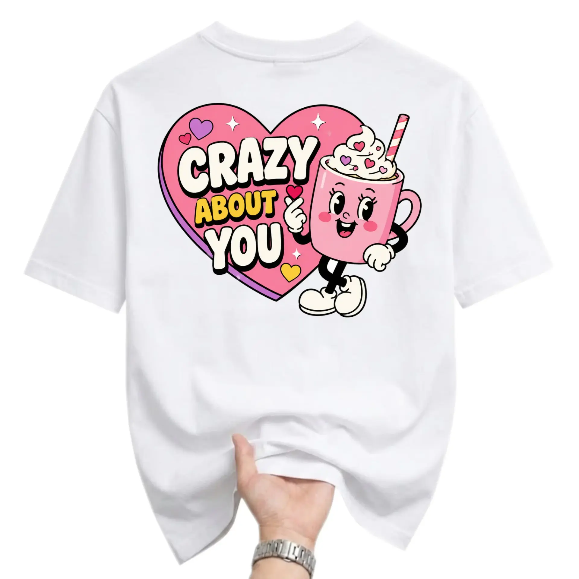 Graphic Tee Crazy About You Coffee Cup Heart Design Retro Style Unisex Short Sleeve Crew Neck Cotton Casual T-Shirt