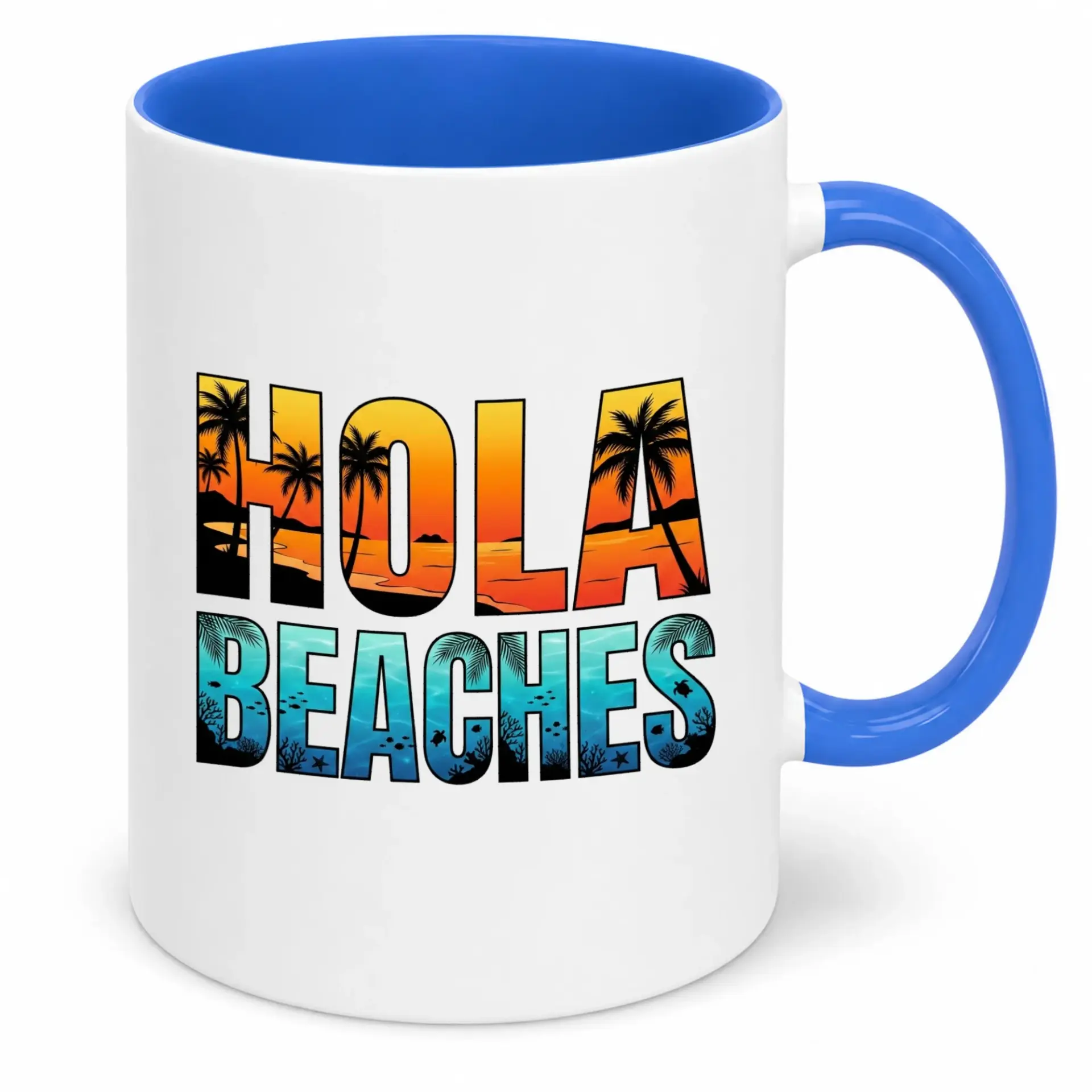 Funny Ceramic Coffee Mug, Hola Beaches Tropical Sunset Palm Trees Ocean Themed Design, Novelty Drinkware for Vacation Lovers