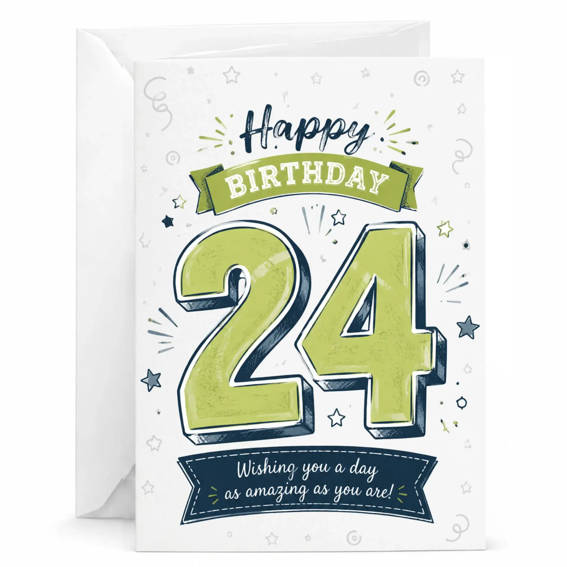 Birthday Card for 24th Birthday Celebration Featuring Green Number Design and Festive Party Decorations 5x7 Inches