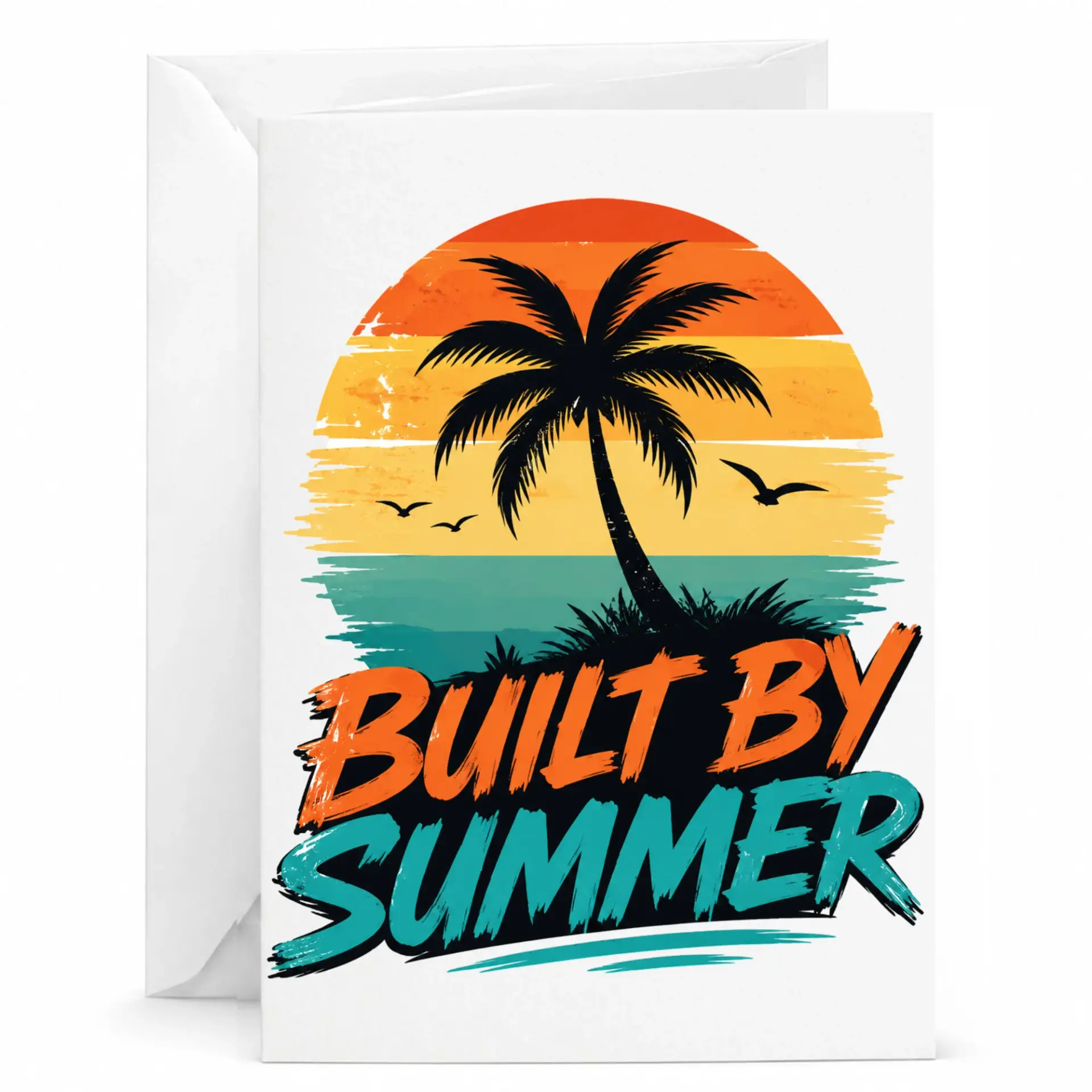 Greeting Card Built by Summer Retro Palm Tree Sunset Beach Themed Note Card for Seasonal Celebrations and Greetings