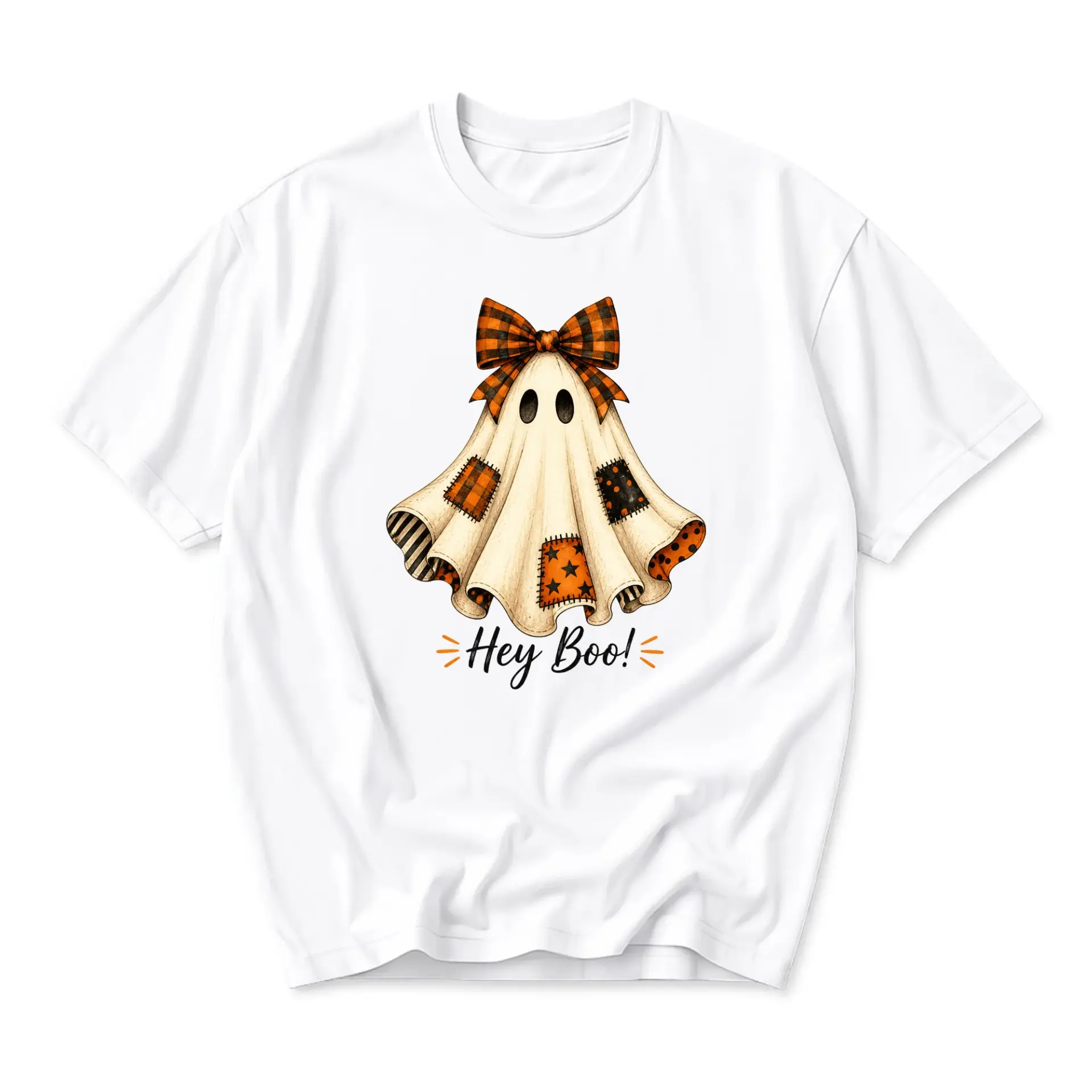 Graphic Tee Unisex Crew Neck T-Shirt Featuring a Cute Patchwork Ghost with Plaid Bow and Autumnal Holiday Theme Design