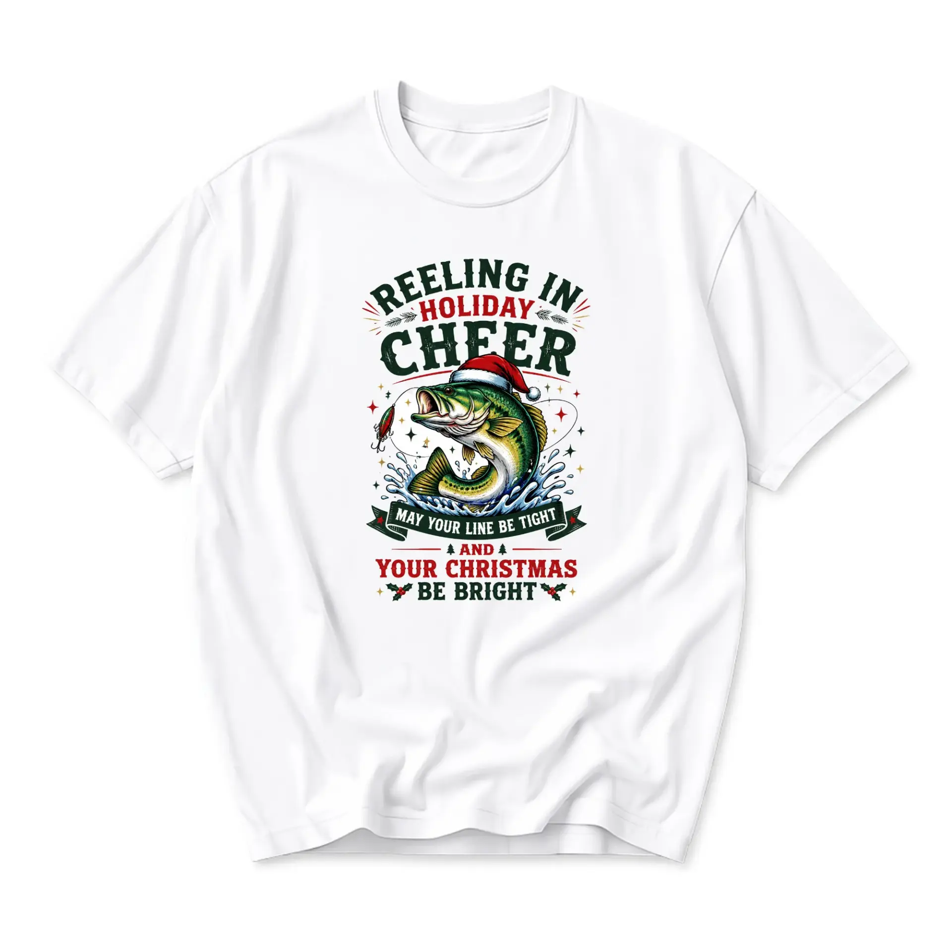 Funny Shirt Reeling in Holiday Cheer Graphic Tee Unisex Fishing Christmas Apparel Crew Neck Short Sleeve Cotton Top