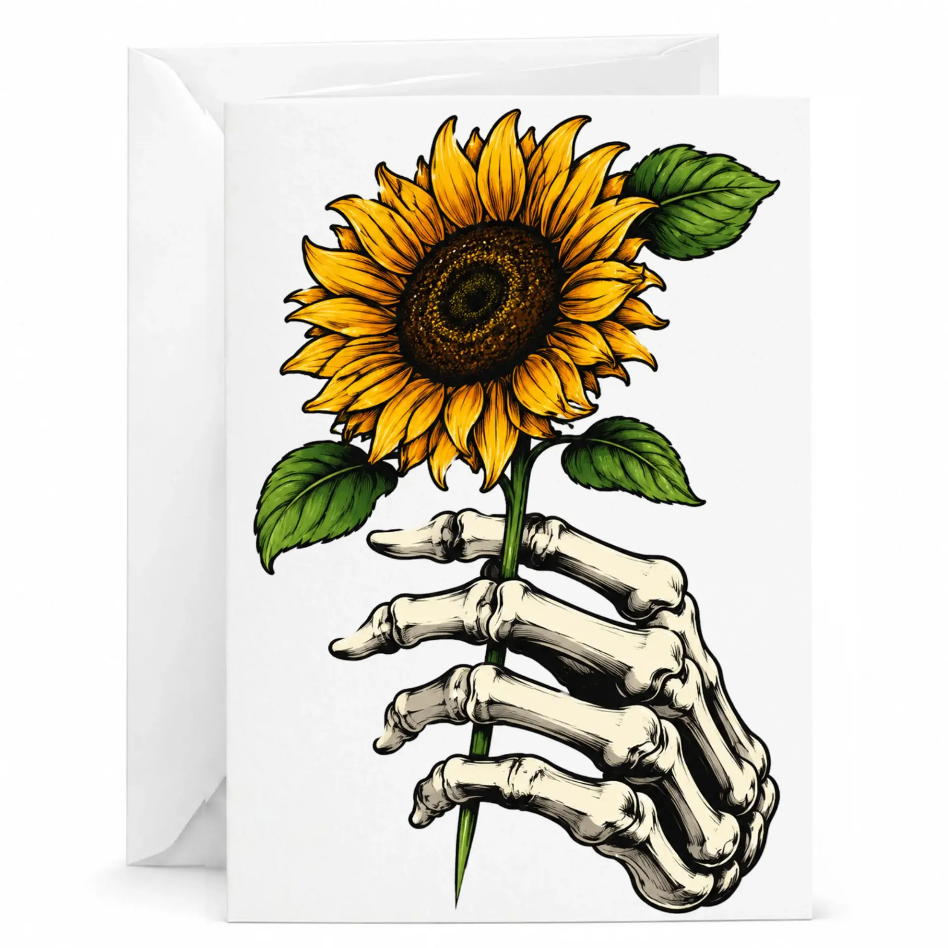 Greeting Card Sunflower Held by Skeleton Hand Artistic Gothic Stationery for Any Occasion 5x7 Inches