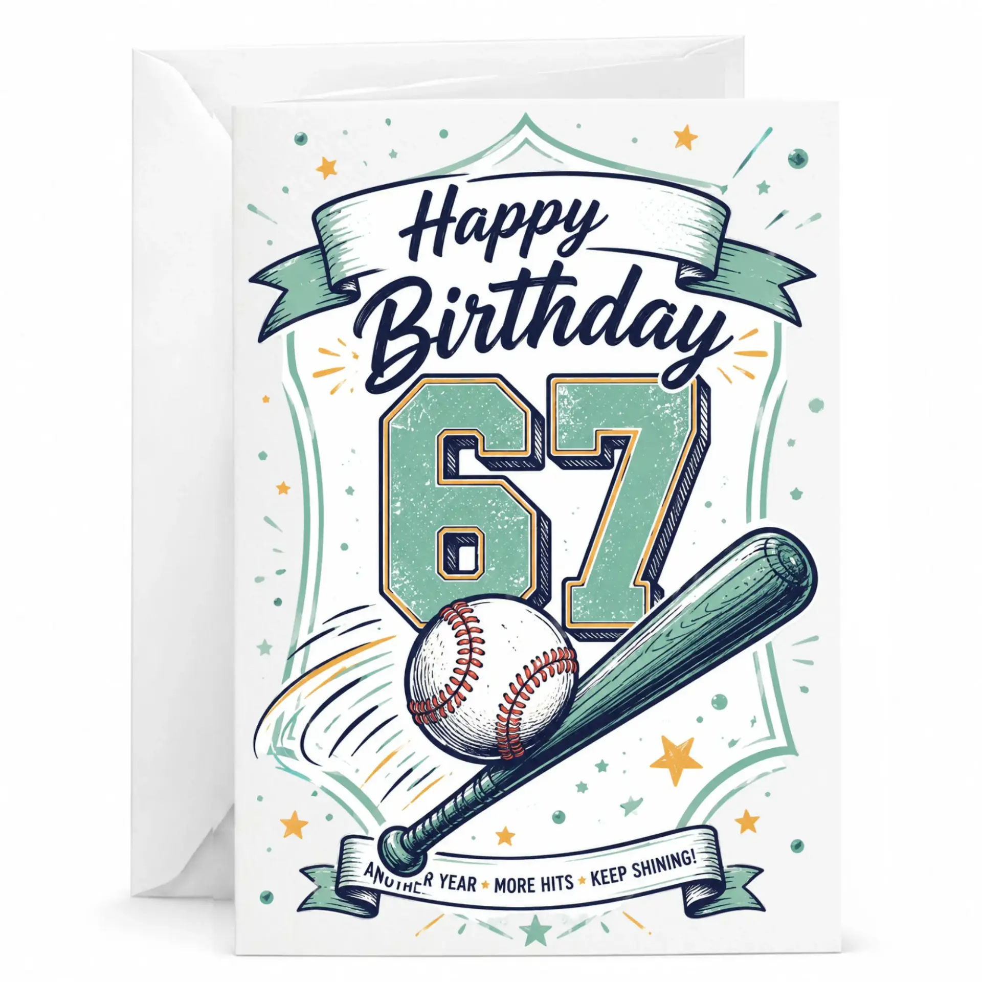 Birthday Card 67 Years Old Baseball Theme Greeting for Sport Enthusiasts with Matching White Envelope Included