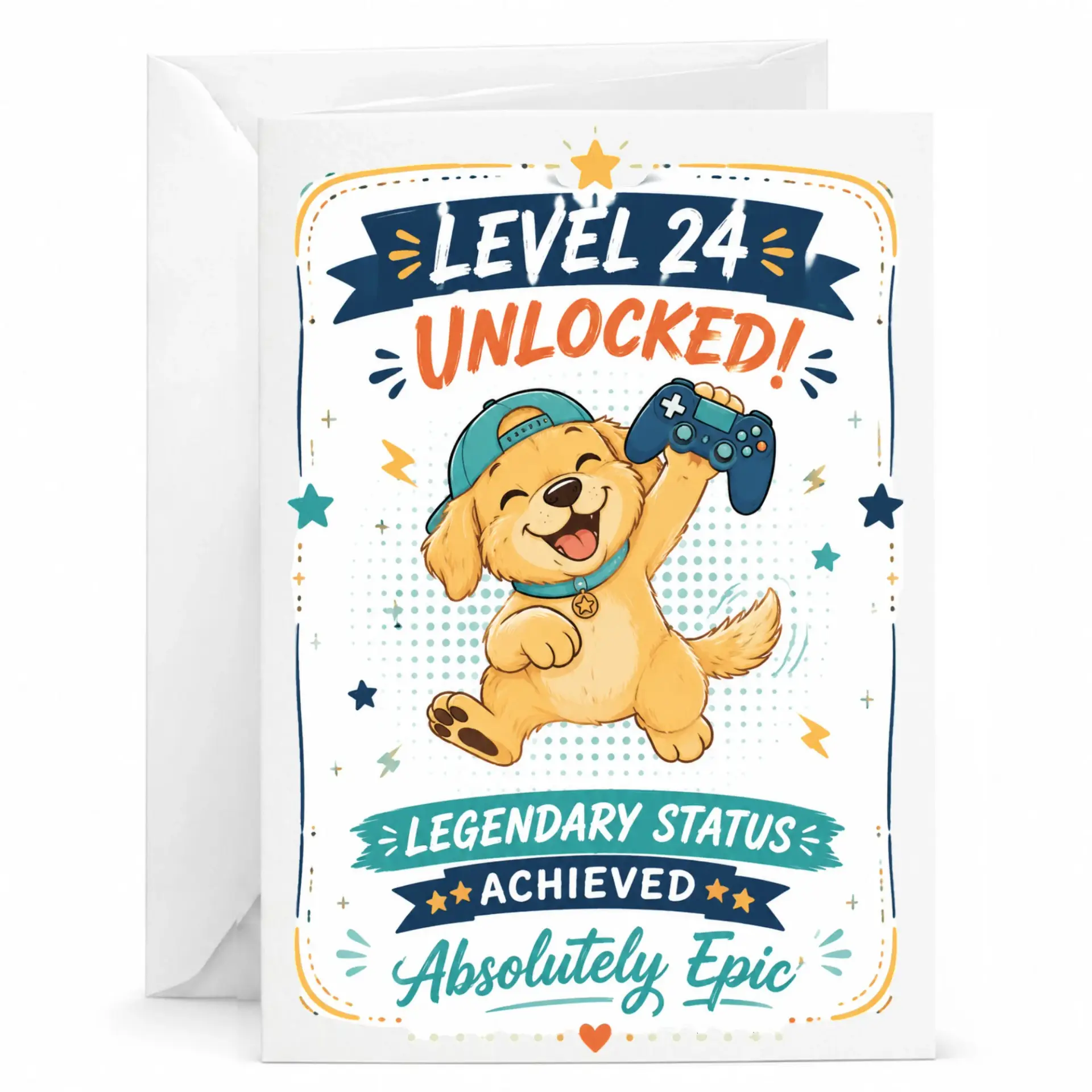 Funny Birthday Card for Gamer Level 24 Unlocked Greeting Card Featuring Cute Puppy with Controller for Milestone Celebration