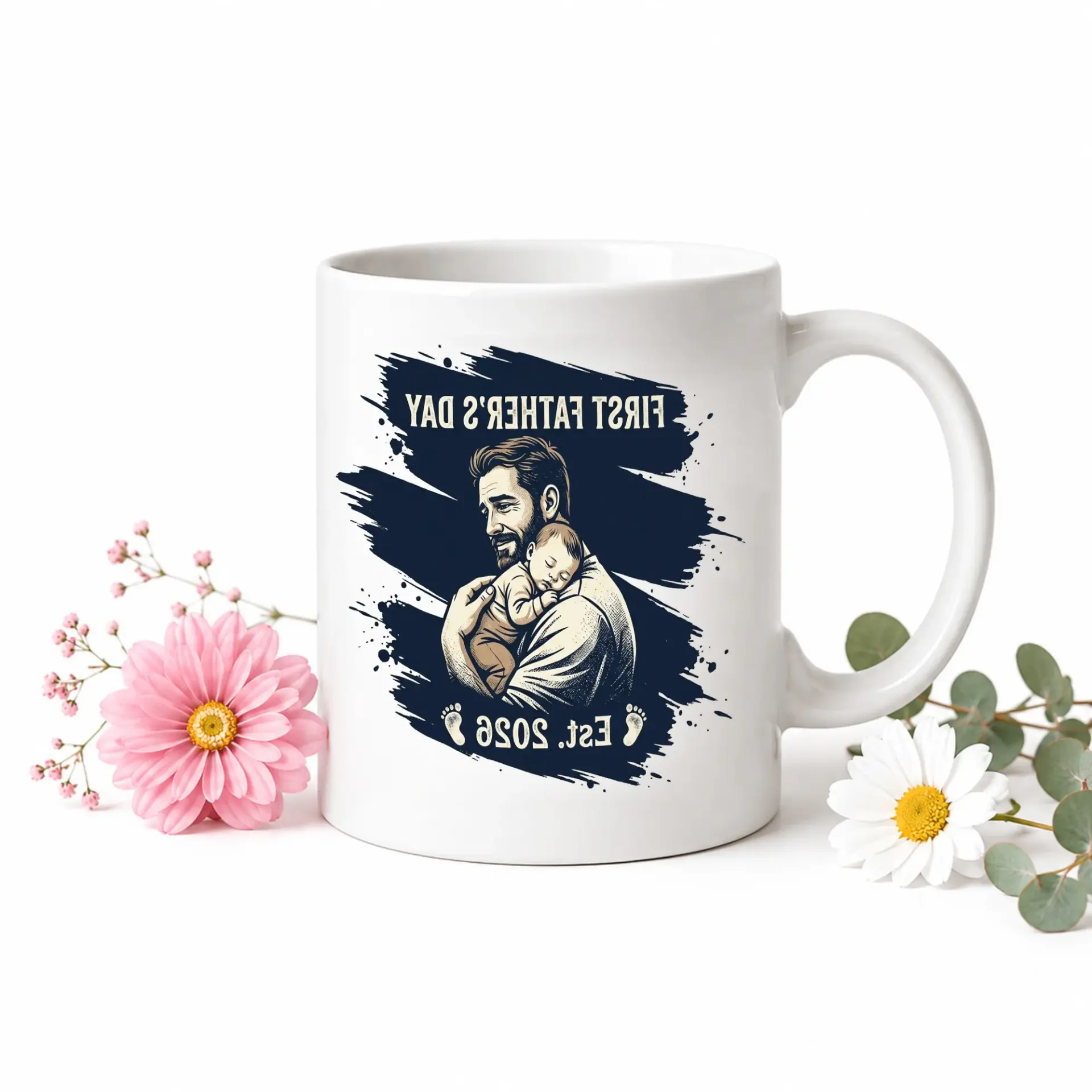 Sentimental First Father Day Mug with Custom Illustration Featuring Man Holding Small Sleeping in Blue Accent