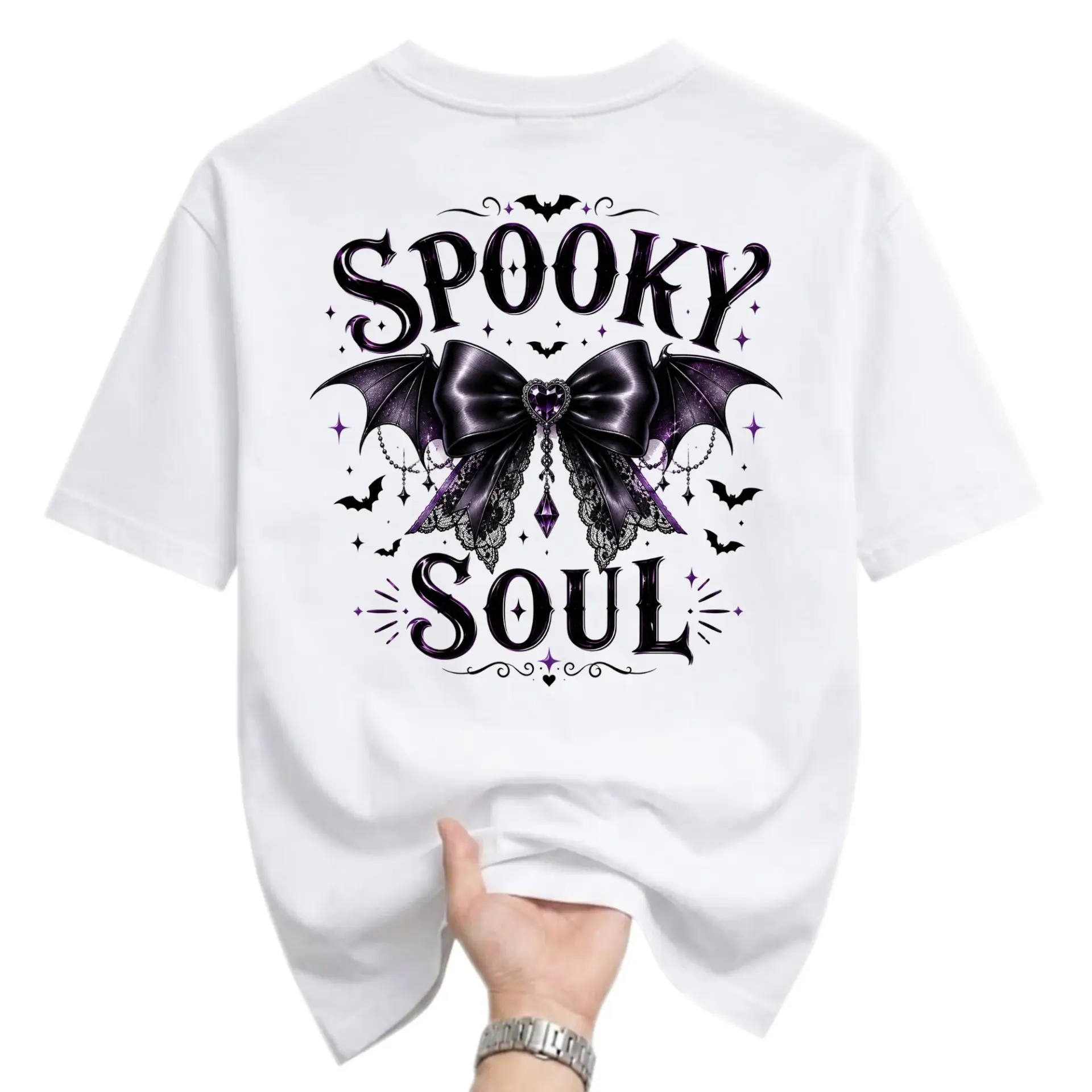 Graphic Tee Spooky Soul Aesthetic Shirt Bat Wing Bow Illustration Gothic Style Unisex Casual Short Sleeve Cotton Top