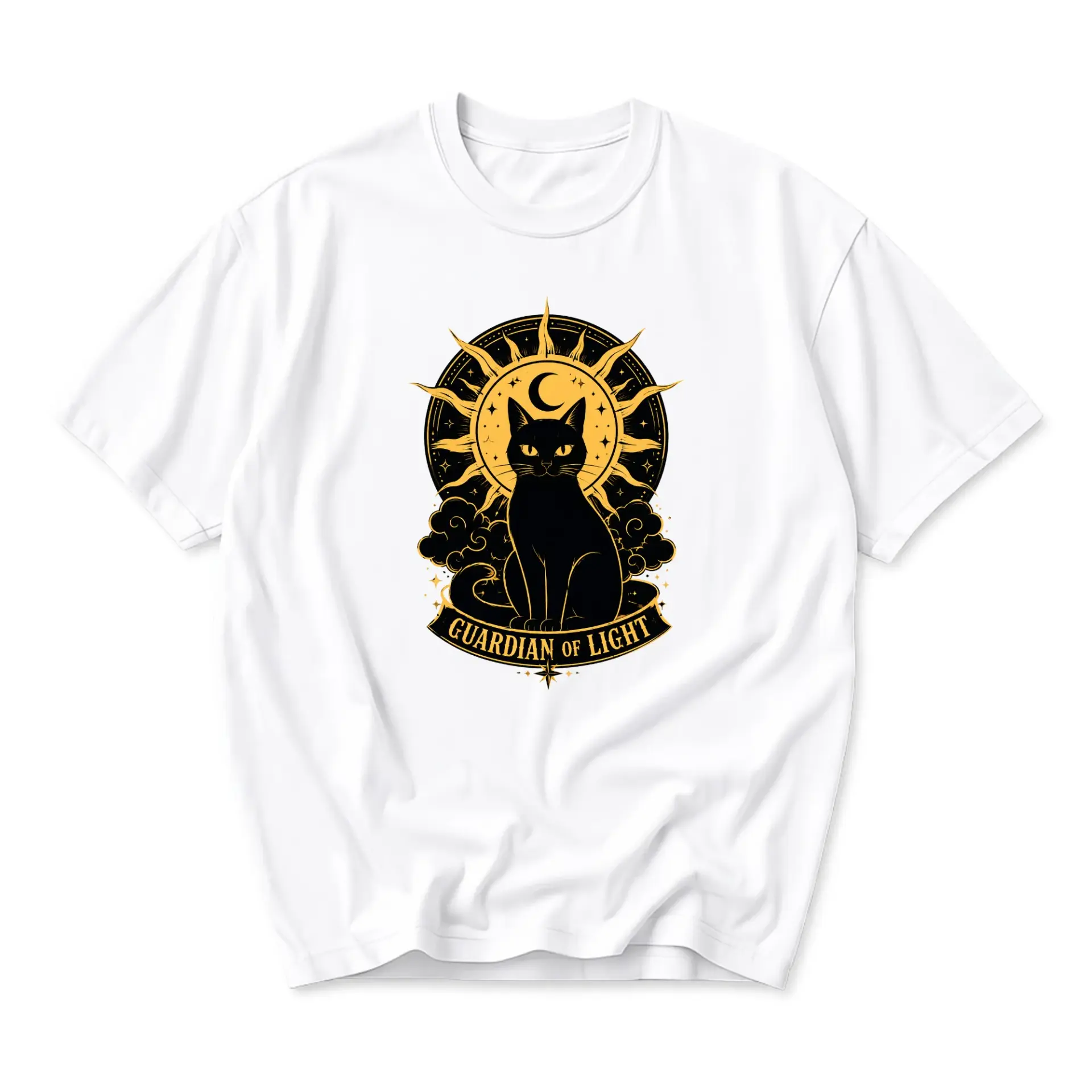T-shirt Guardian of Light Graphic Tee Celestial Cat Artwork Casual Crew Neck Short Sleeve Cotton Apparel Unisex Top
