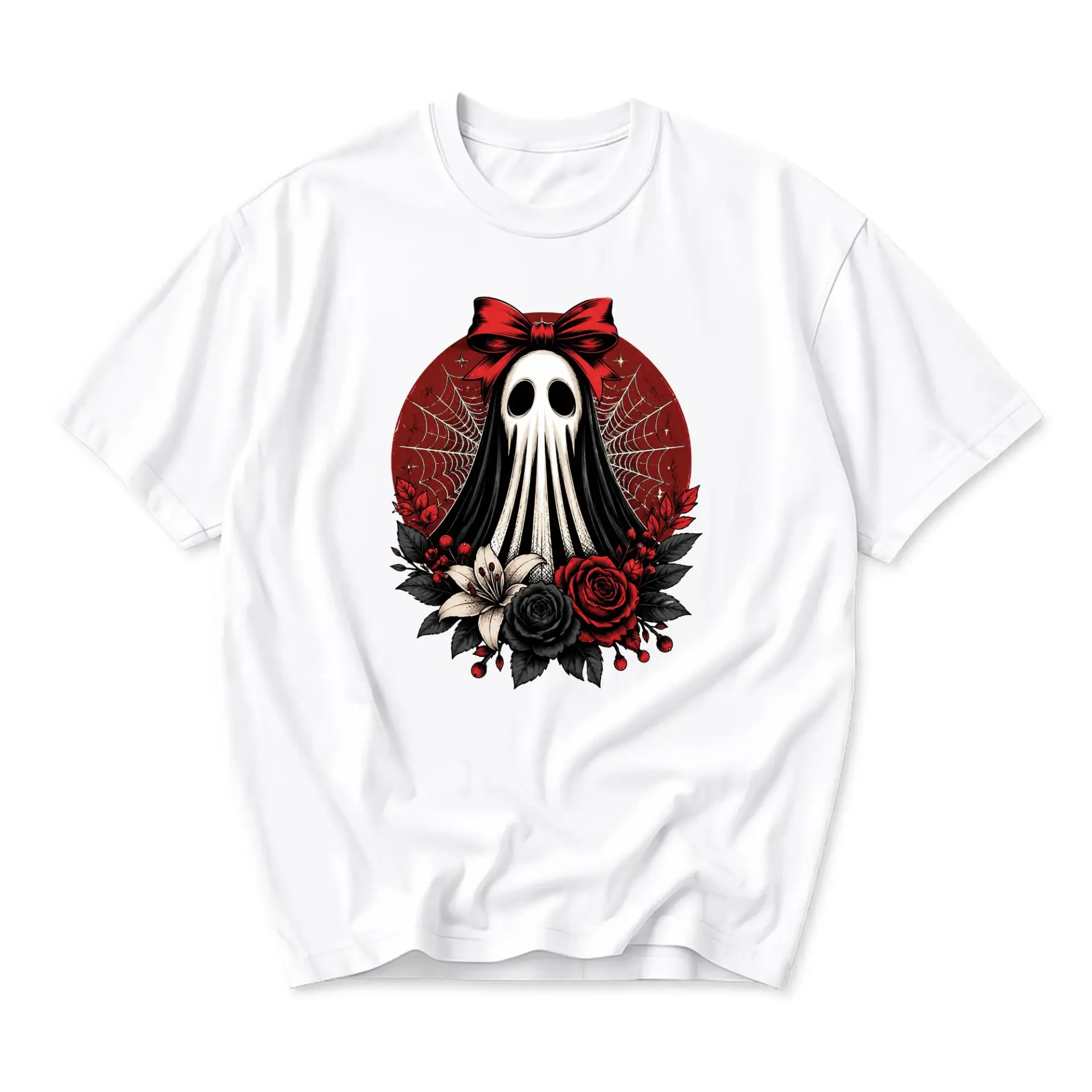 Graphic Tee Unisex Crew Neck T-Shirt Featuring Spooky Ghost with Red Bow and Gothic Floral Illustration Design