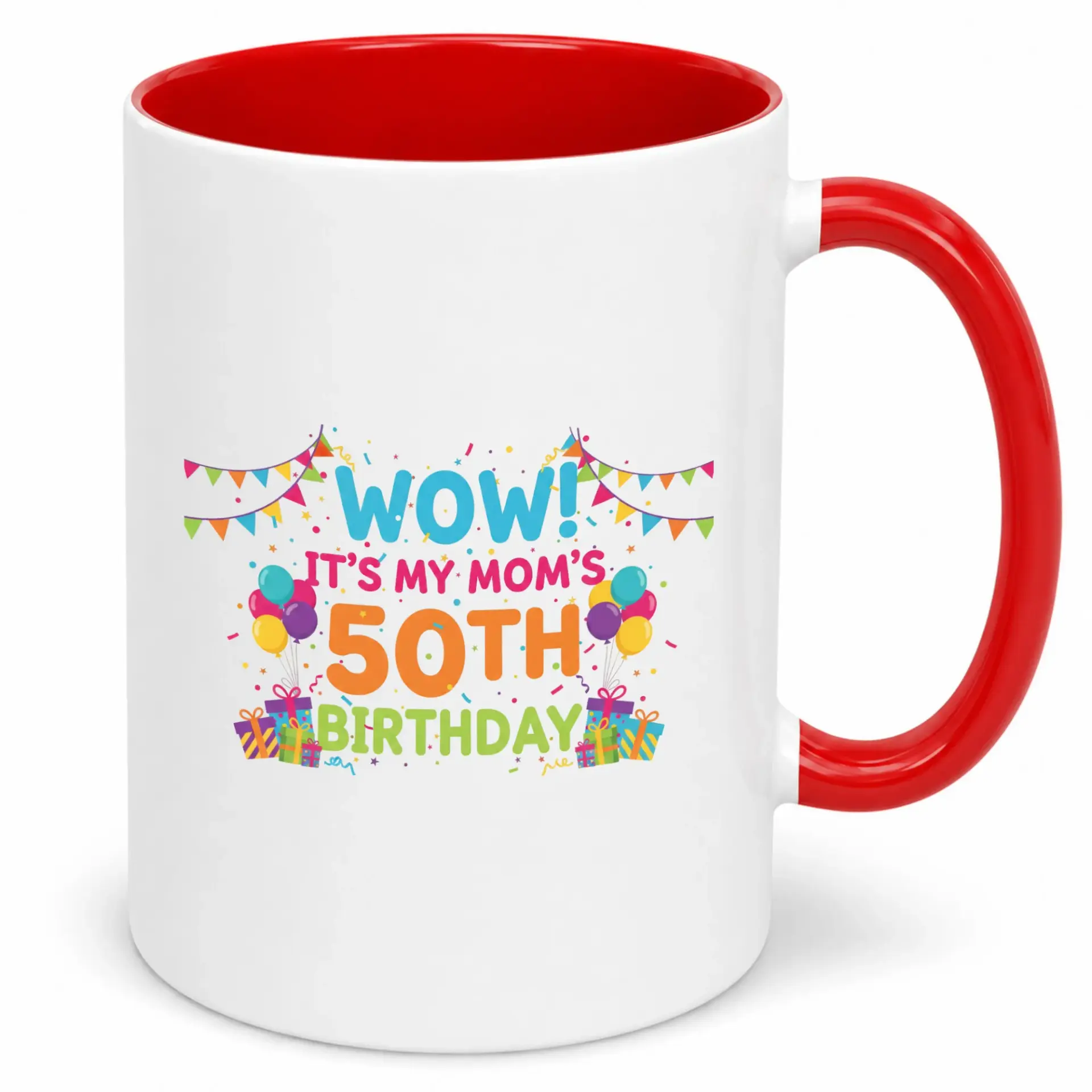 Funny 50th Birthday Ceramic Coffee Mug for Mom 11oz or 15oz White Cup with Red Handle Vibrant Celebration Design Thoughtful Gift Her