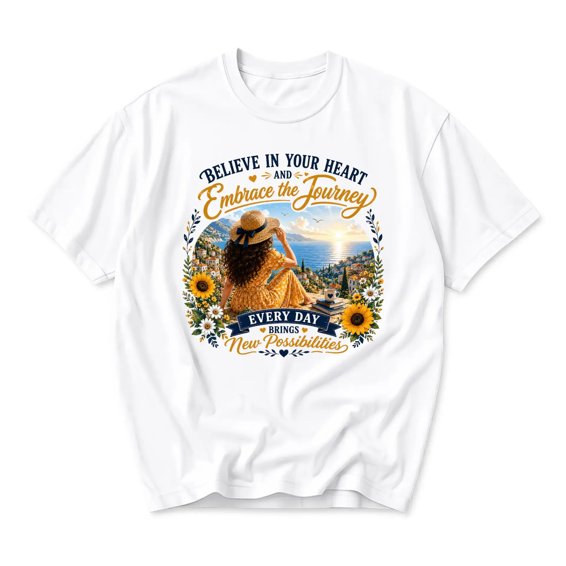 Graphic Tee Believe in Your Heart Embrace the Journey Coastal Sunset Sunflower Inspirational Unisex Crew Neck T-Shirt