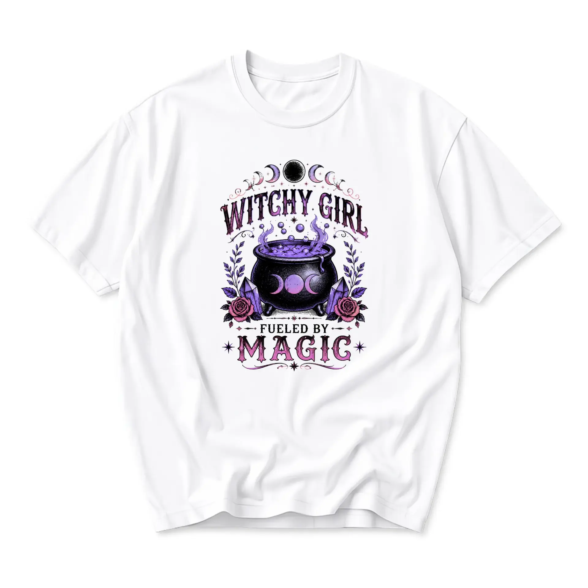 Graphic Tee Witchy Girl Fueled by Magic Shirt Celestial Cauldron Design Unisex Crew Neck Everyday Casual Apparel