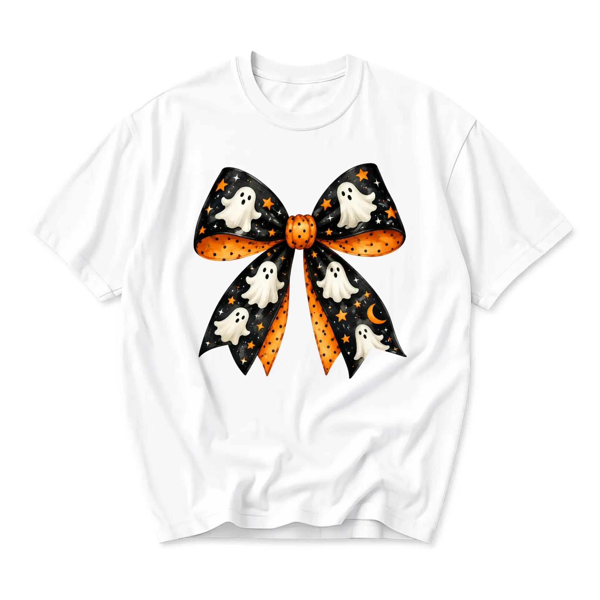 Graphic Tee Unisex Crew Neck T-Shirt Featuring Spooky Halloween Ghost Bow Illustration Printed Short Sleeve Top