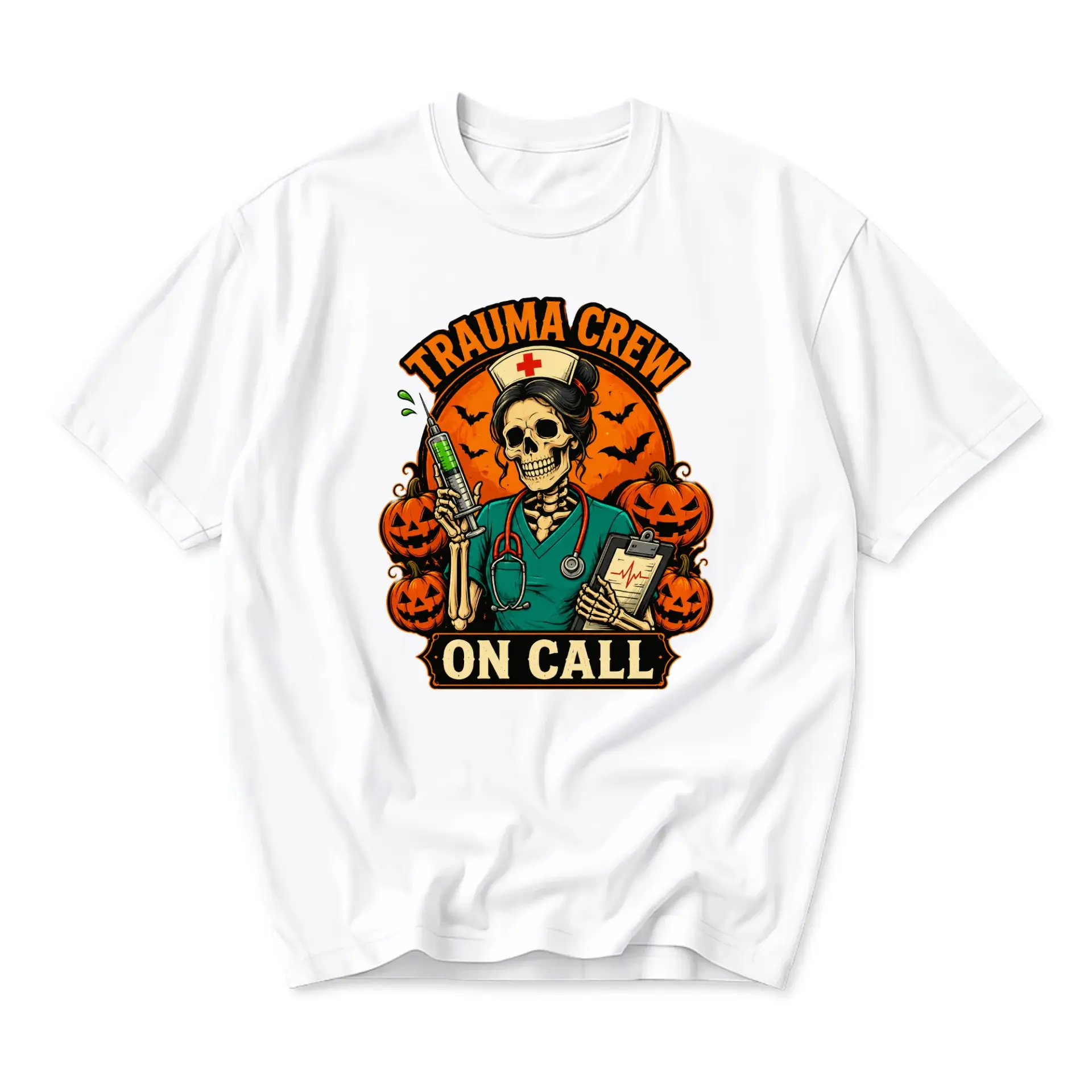 Funny Shirt Trauma Crew on Call Graphic Tee Skeleton Nurse Halloween Costume Unisex Crew Neck Casual Cotton Top