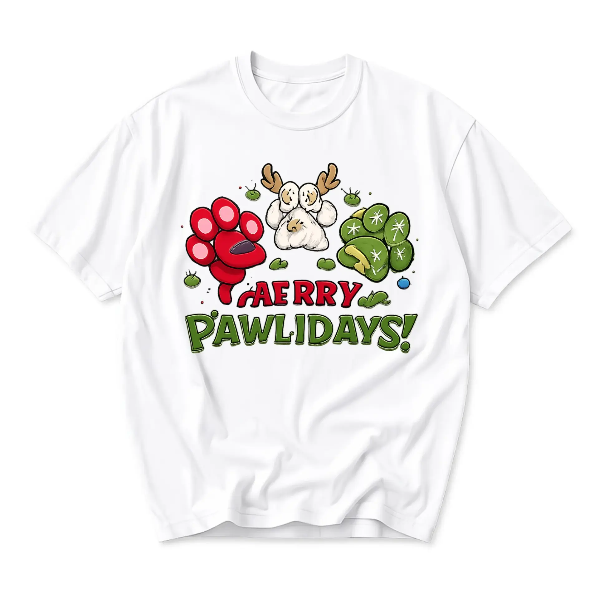 Funny Shirt Merry Pawlidays Holiday Graphic Tee Casual Unisex Crew Neck