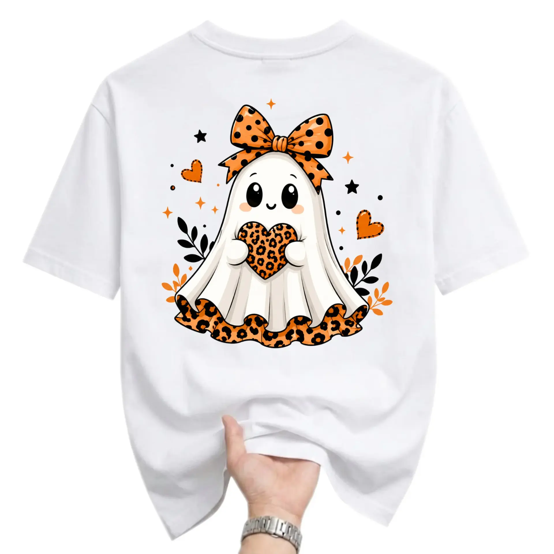 Graphic Tee Unisex Ghost Shirt Featuring a Cute Spooky Character Wearing a Leopard Print Bow and Holding a Heart