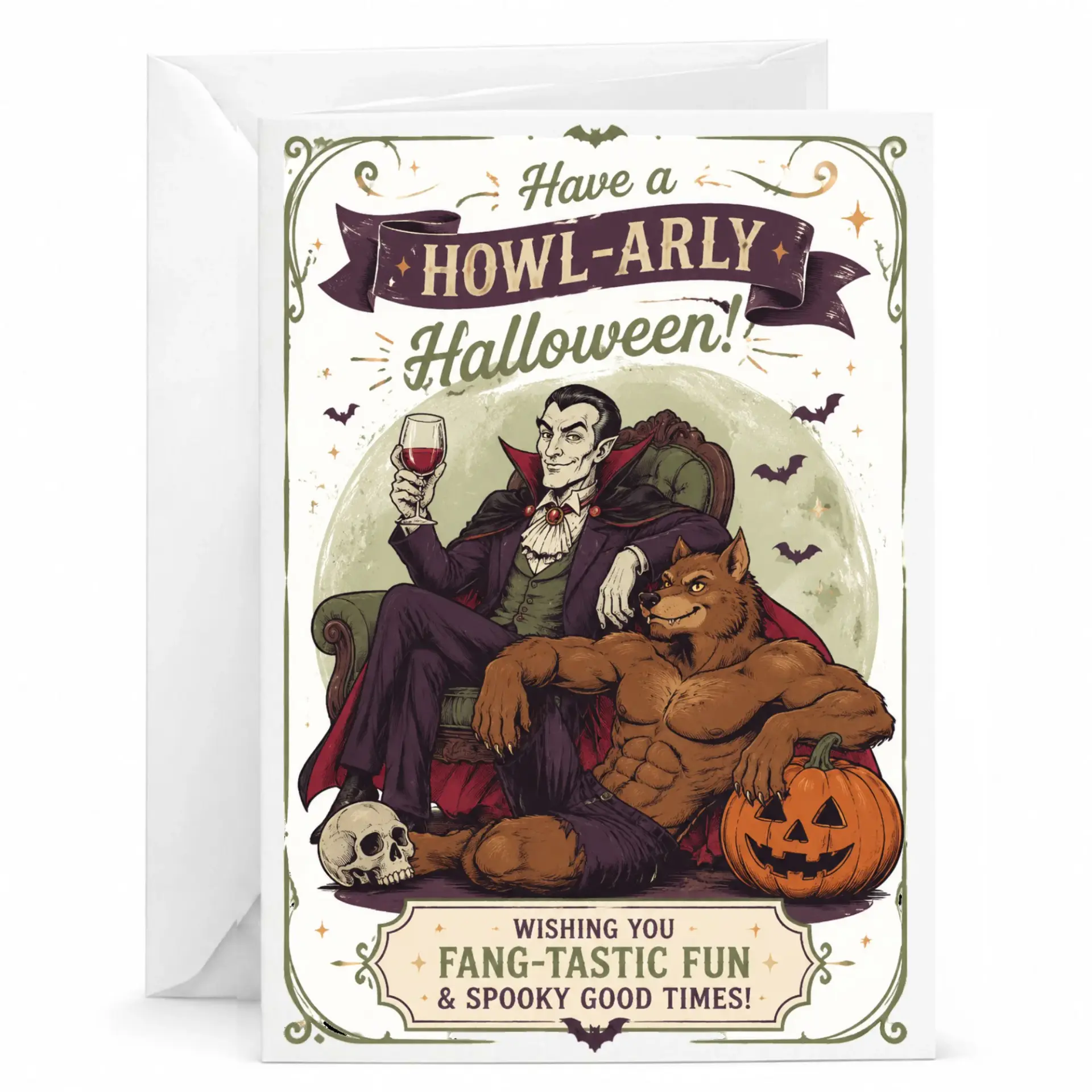 Funny Halloween Greeting Card with Vampire and Werewolf Illustration for Spooky Holiday Wishes Celebrations