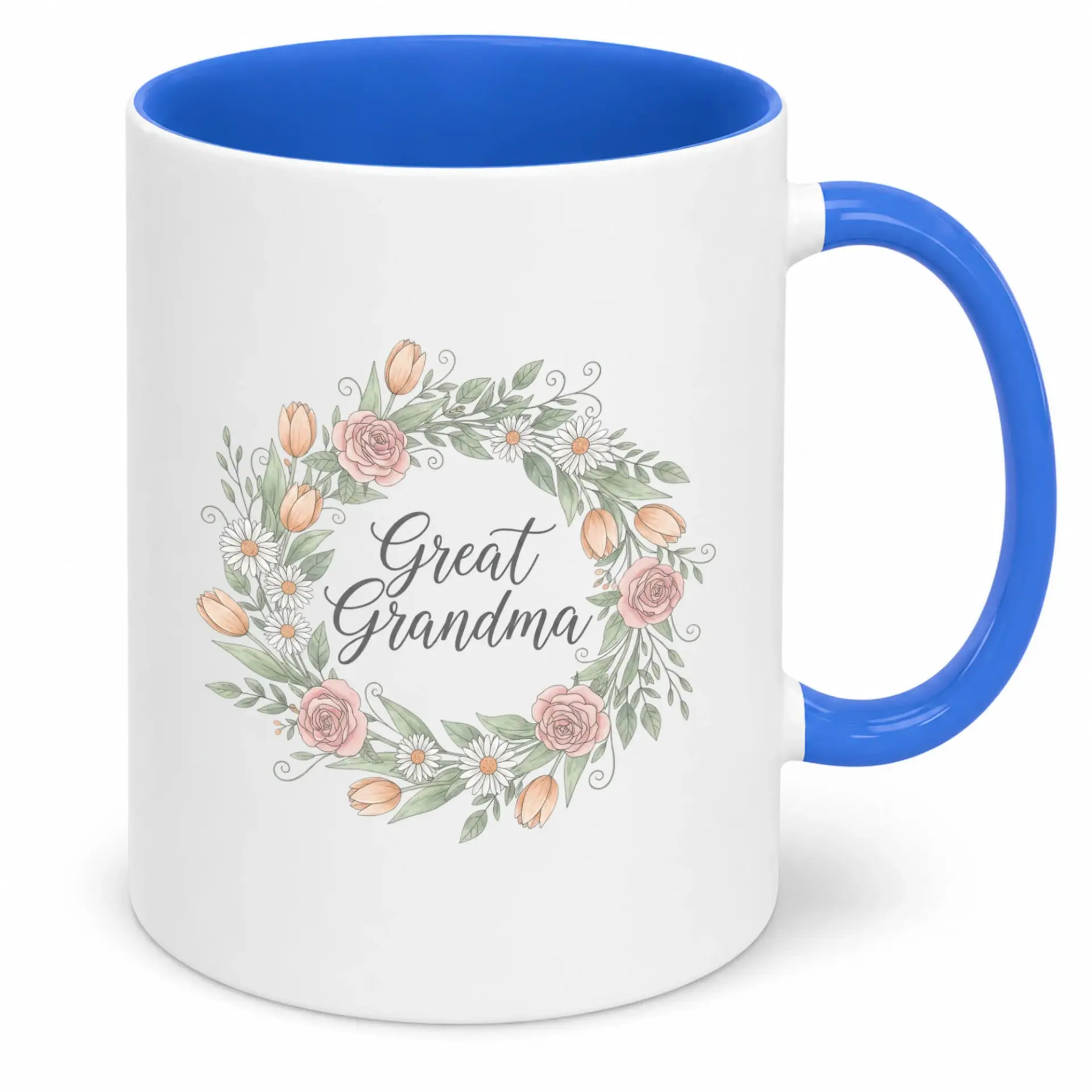Coffee Mug for Great Grandma with Elegant Floral Wreath Design Premium Ceramic Beverage Cup Family Gifts and Everyday Use