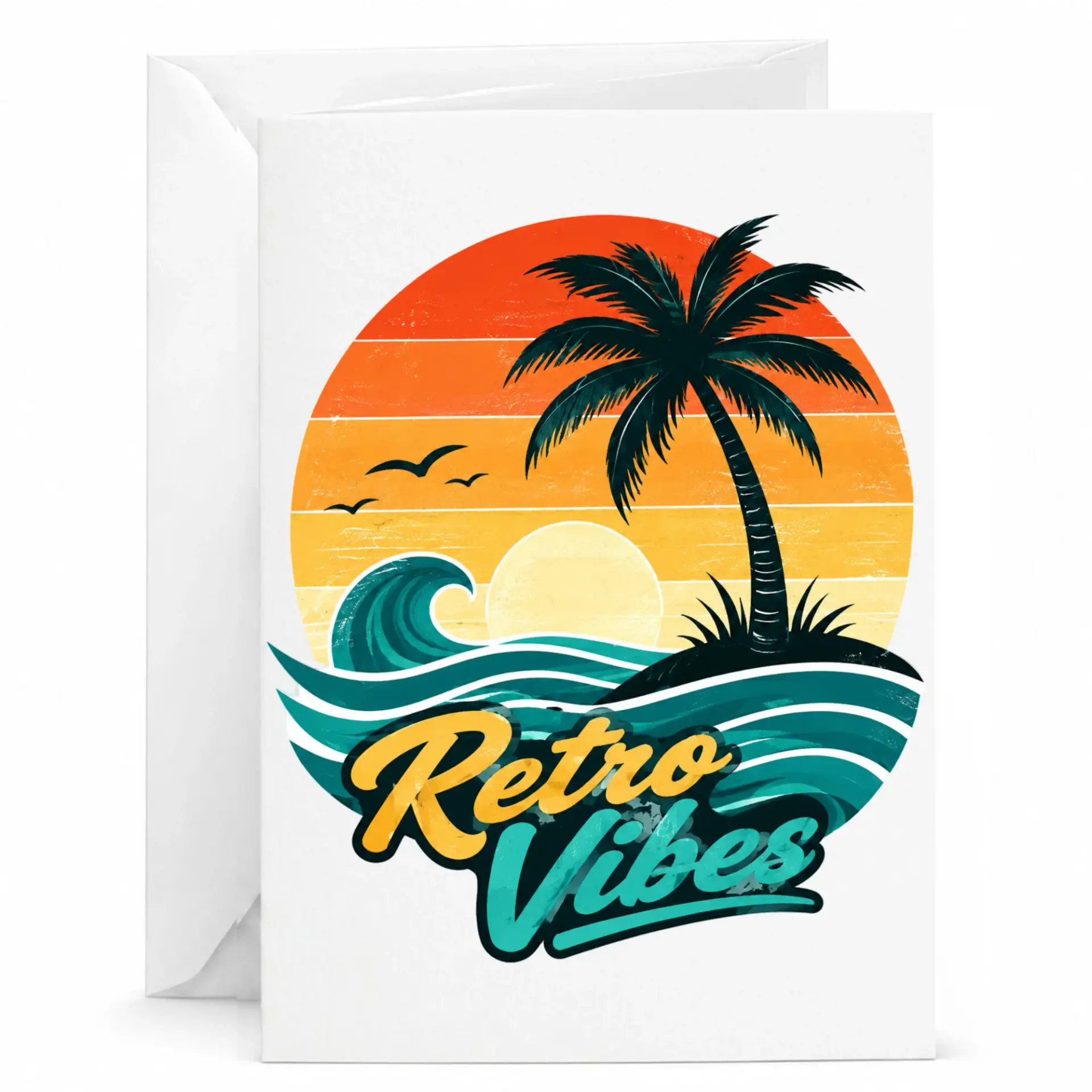Greeting Card Retro Vibes Sunset Beach Design Folded Stationery Note Card with Matching Envelope for Any Occasion