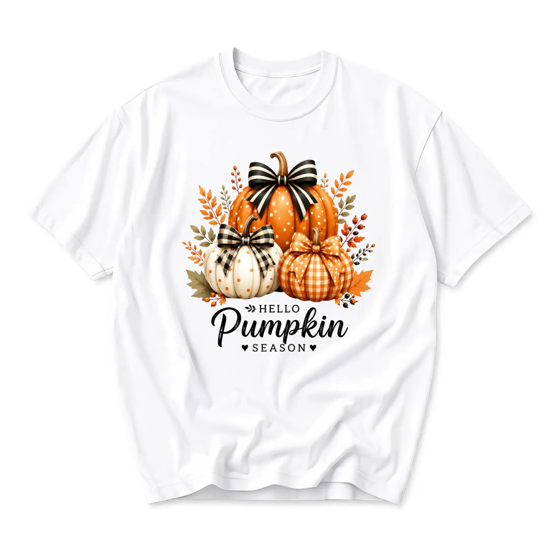Graphic Tee Hello Pumpkin Season Autumn Fall Leaves and Pumpkins Unisex Crew Neck Casual Cotton Blend Shirt Top