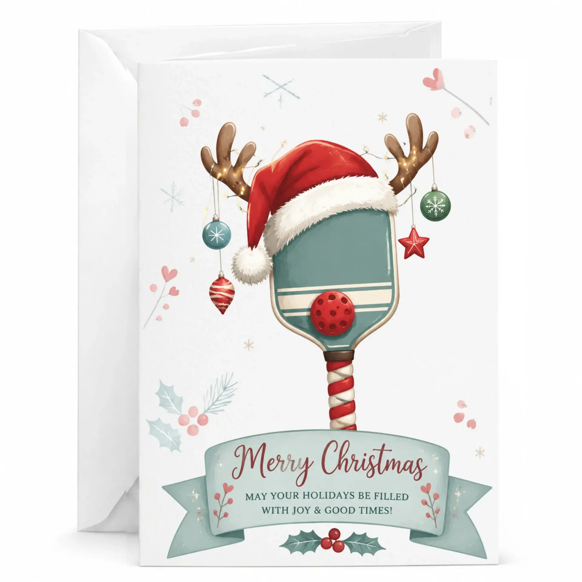 Greeting Card Holiday Pickleball Paddle Festive Design Merry Christmas Joyful Seasonal Note Card with White Envelope