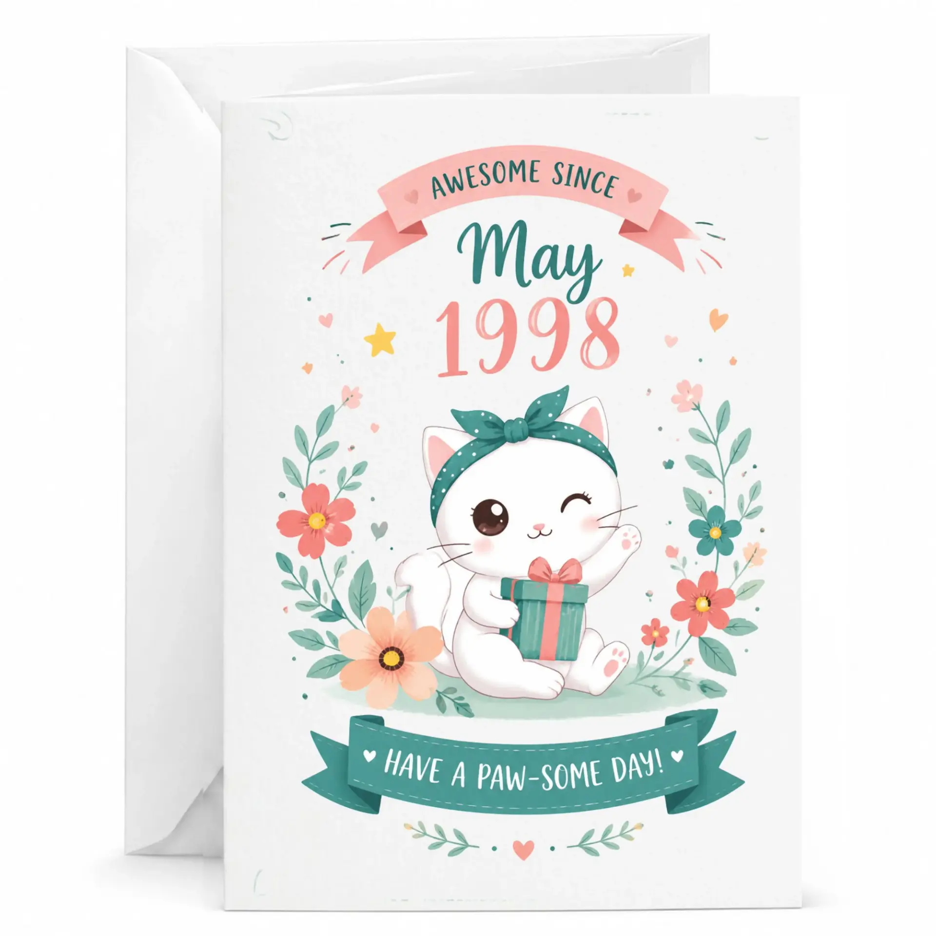 Birthday Card Awesome Since May 1998 Cute Cat Illustration Greeting Card for Anniversary and Milestone Celebrations
