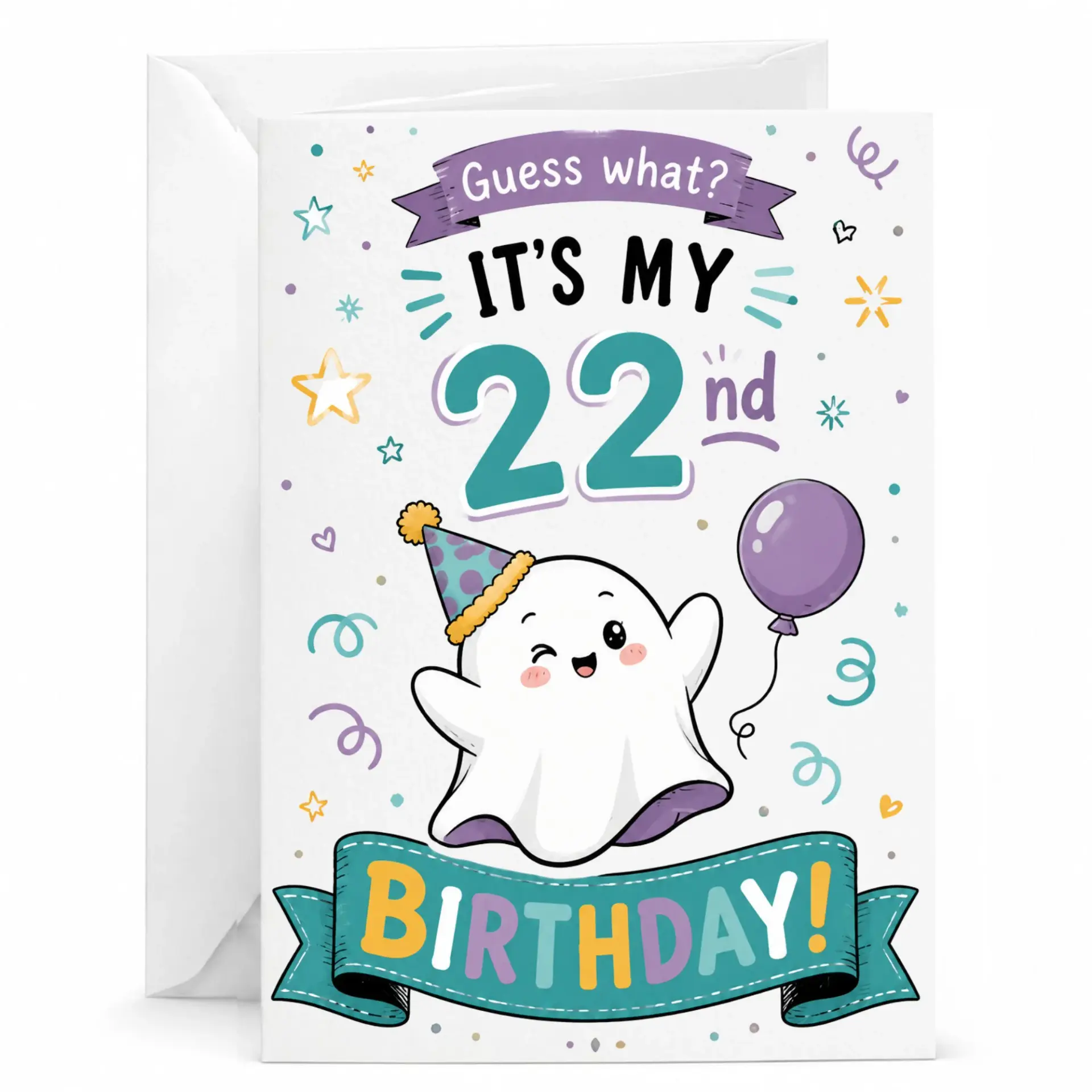 Birthday Card Funny 22nd Birthday Greeting Featuring Cute Ghost Character with Confetti and Purple Balloon