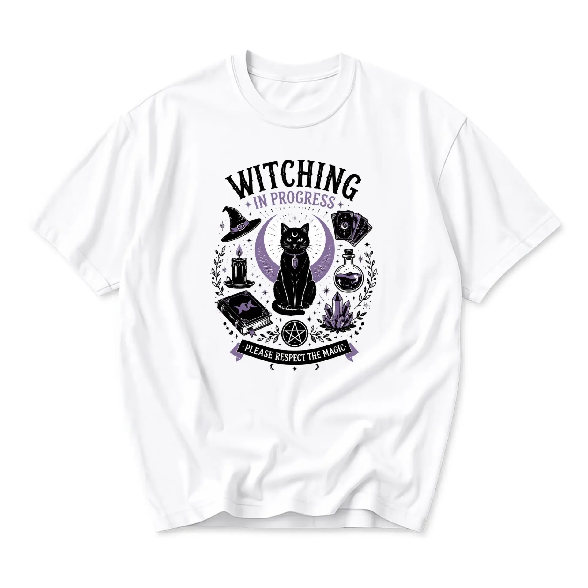 Graphic Tee Witching in Progress Black Cat Celestial Art Unisex Crew Neck Casual Everyday Short Sleeve Cotton Shirt