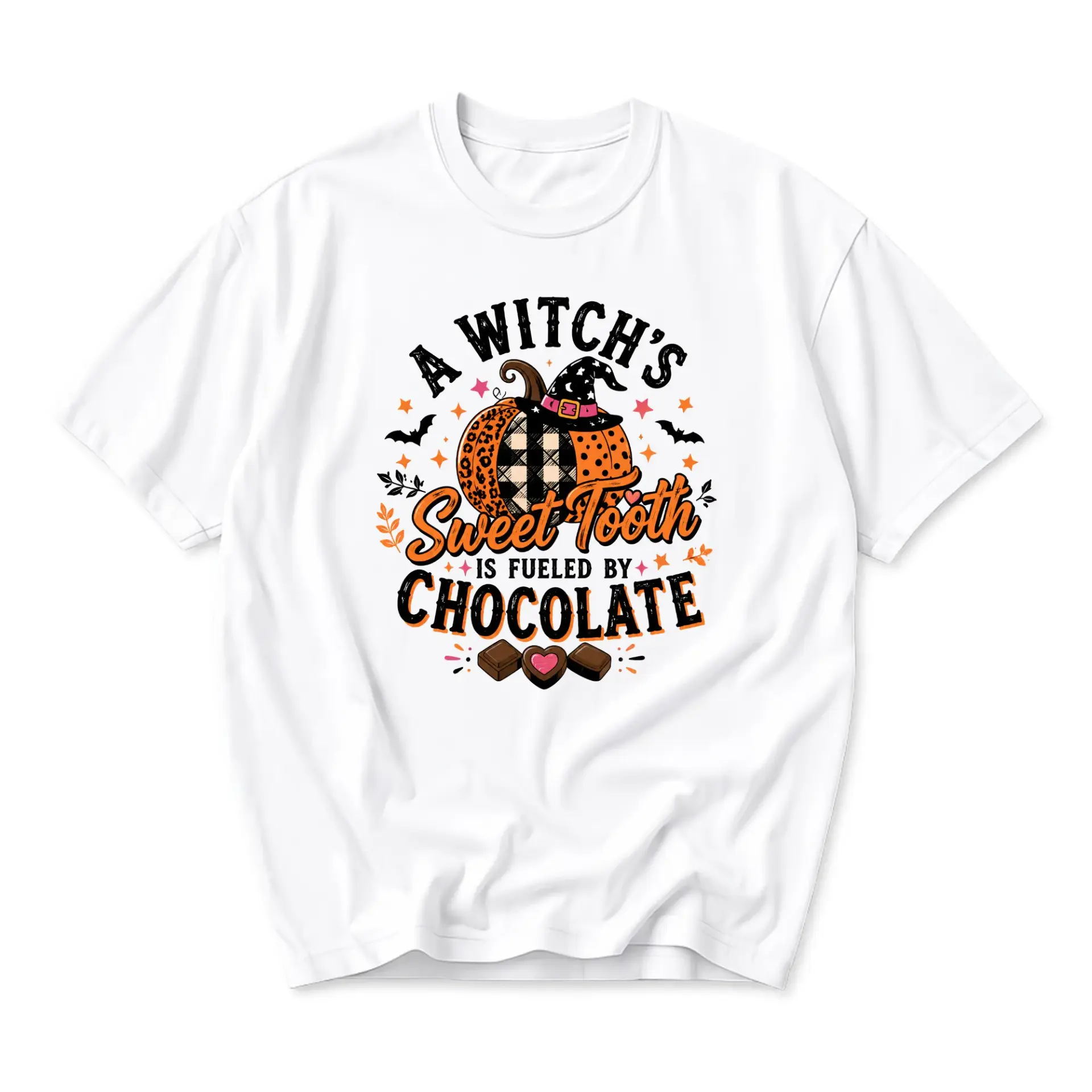 Graphic Tee a Witch Is Sweet Tooth Is Fueled by Chocolate Funny Fall Seasonal Pumpkin Unisex Casual Crew Neck T-Shirt