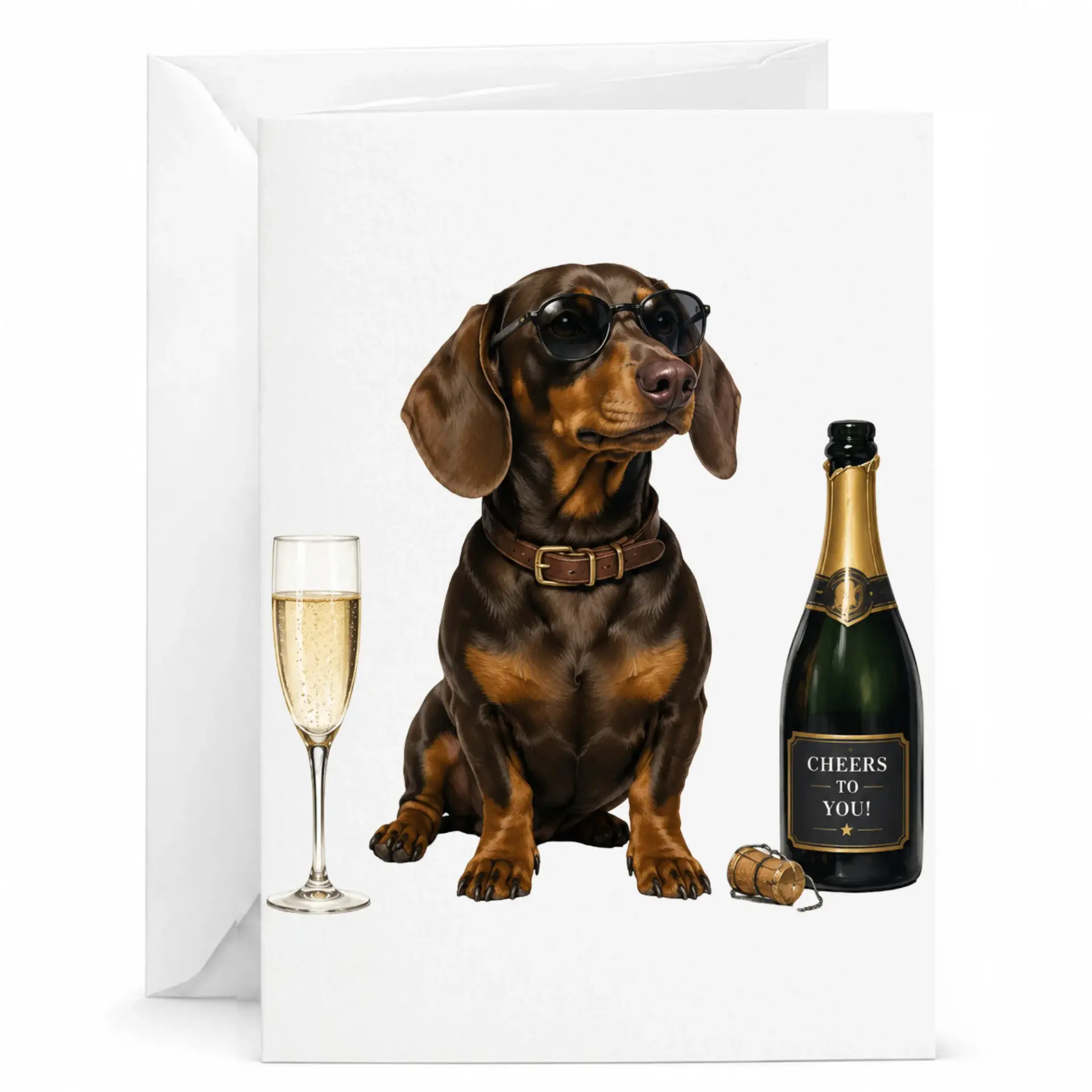 Funny Dog Greeting Card Featuring a Cool Dachshund Wearing Sunglasses with Champagne for Celebratory Occasions