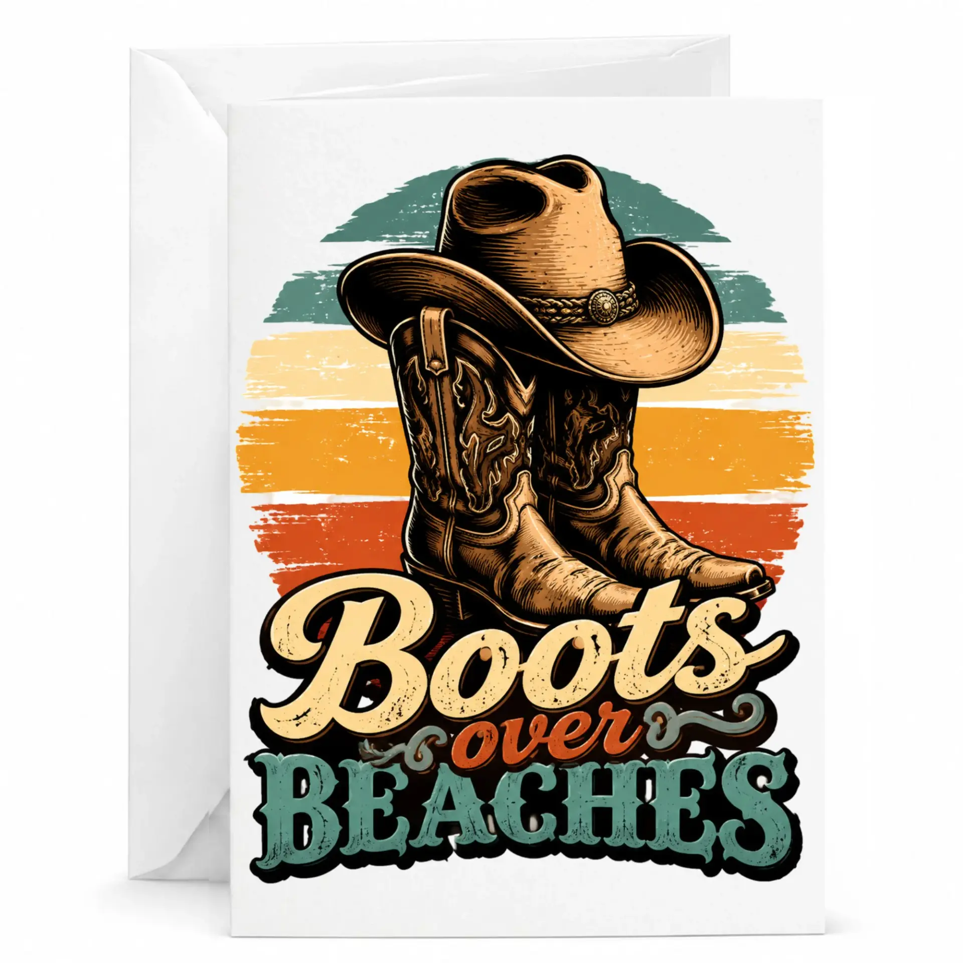 Greeting Card Boots over Beaches Western Style Illustration Note for Any Occasion with White Envelope Included