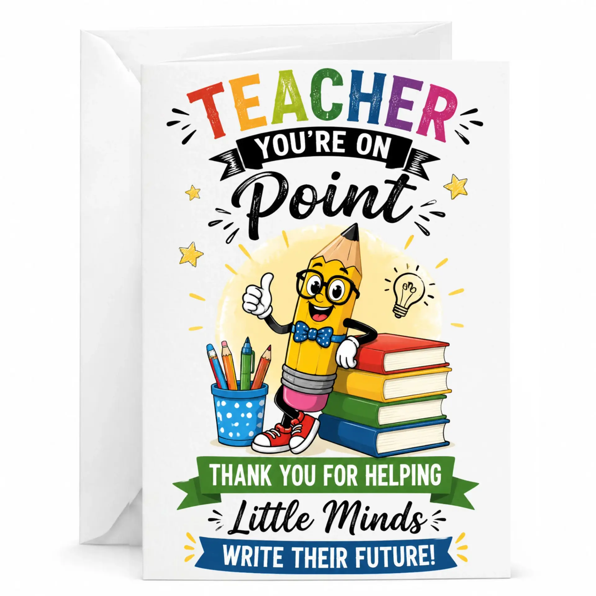 Card for Teacher Funny Pencil Design 5x7 Greeting Educators and Mentors with Matching White Envelope