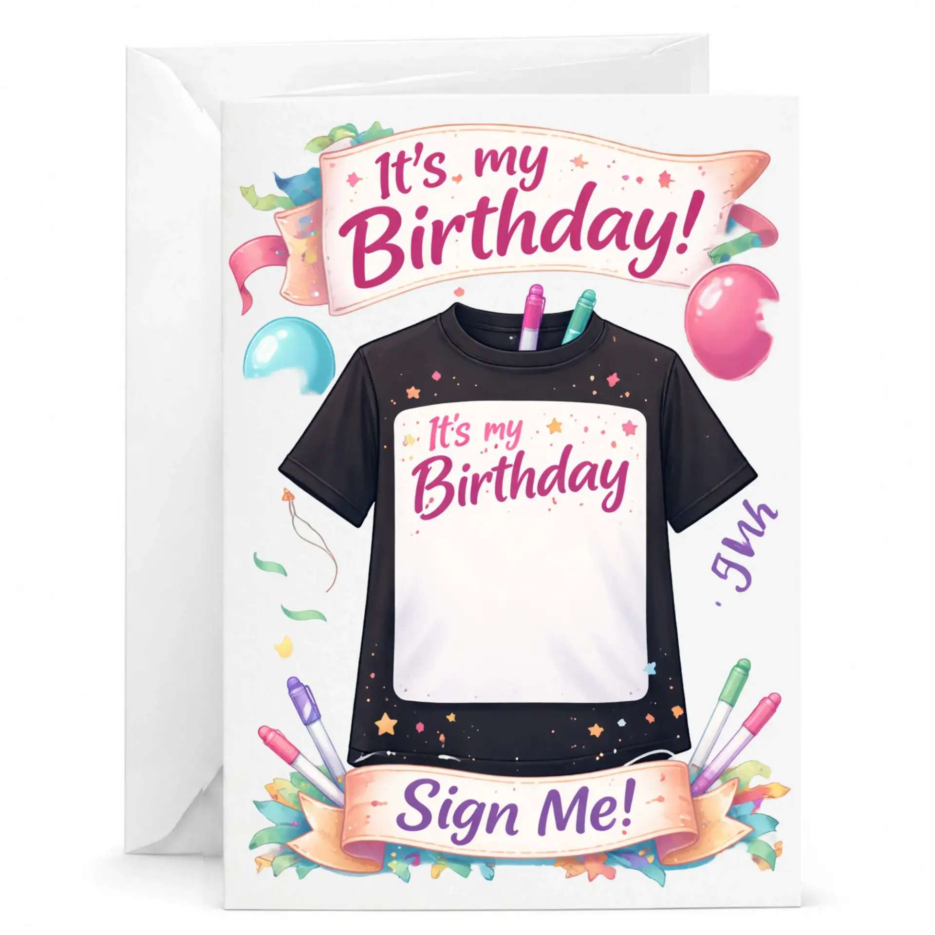 Birthday Card Signable T-Shirt Graphic Greeting Card for Friends and Family, Funny Party Themed Stationery 5x7 Inches