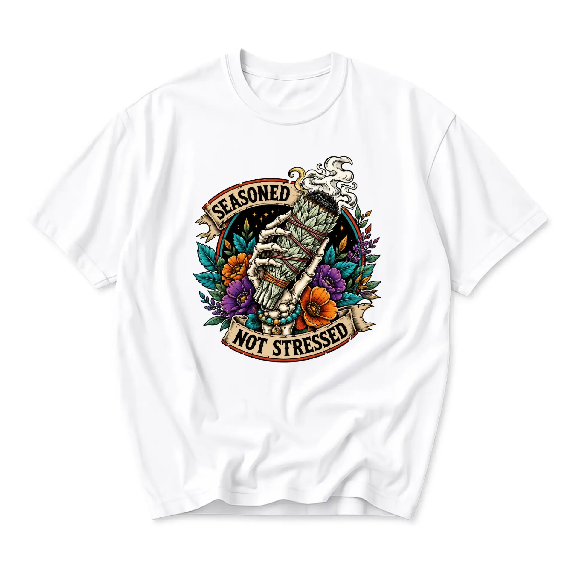 Graphic Tee Seasoned Not Stressed Skeleton Hand Sage Smudge Stick Illustration Unisex Cotton Crew Neck Short Sleeve