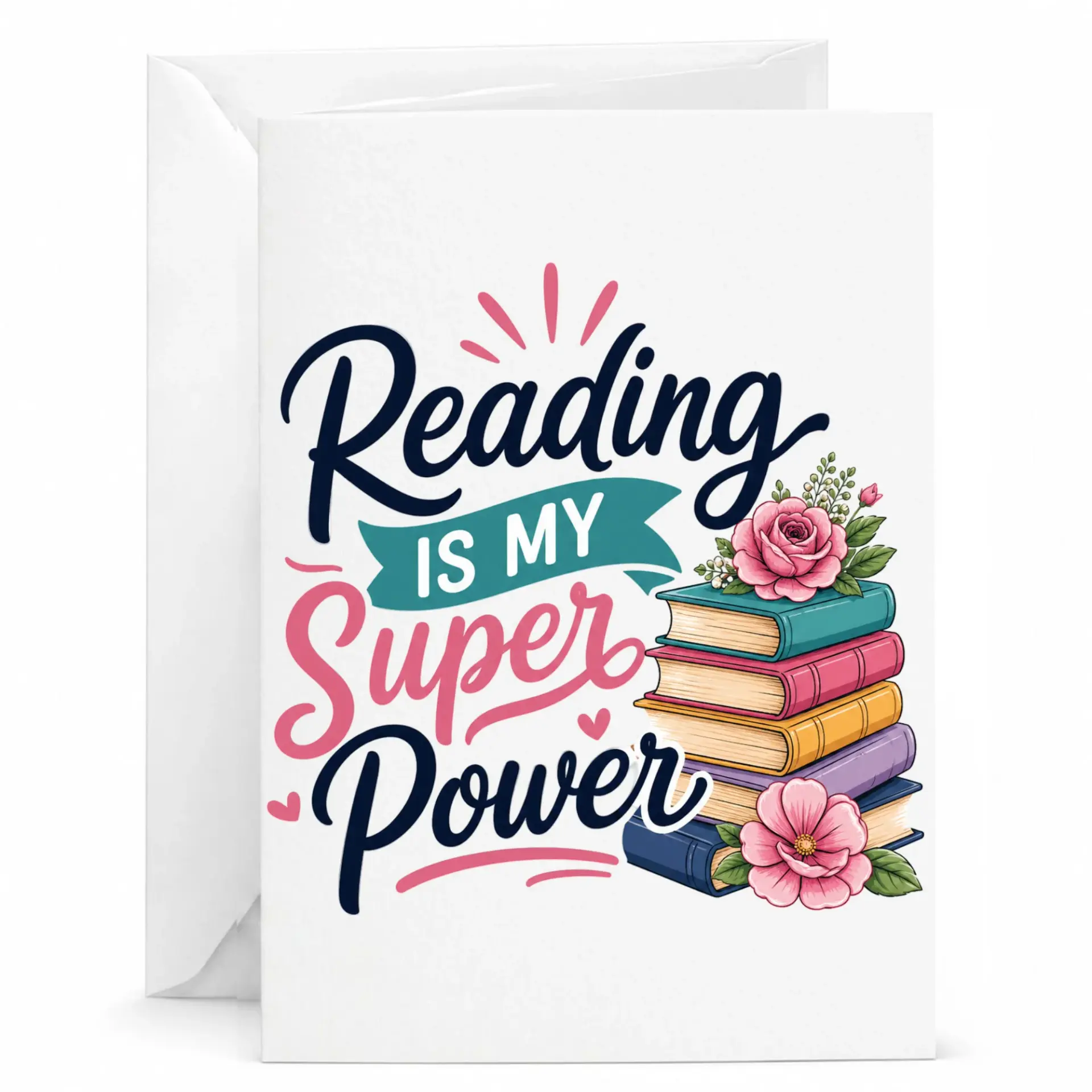 Funny Greeting Card Reading Is My Super Floral Book Lover Stationery for Encouragement and Birthday Wishes