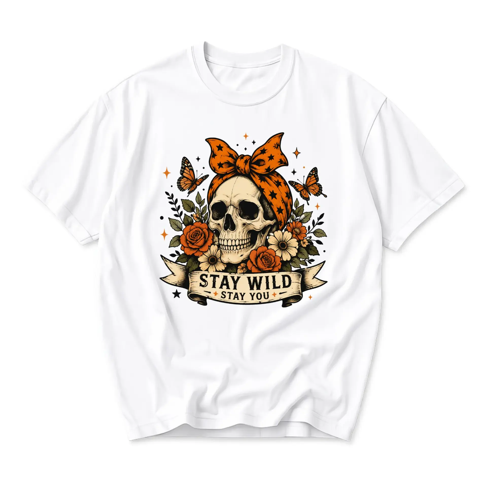Graphic Tee Stay Wild Stay You Skull Floral Butterfly Design Unisex Cotton Blend Casual Crew Neck Short Sleeve Shirt