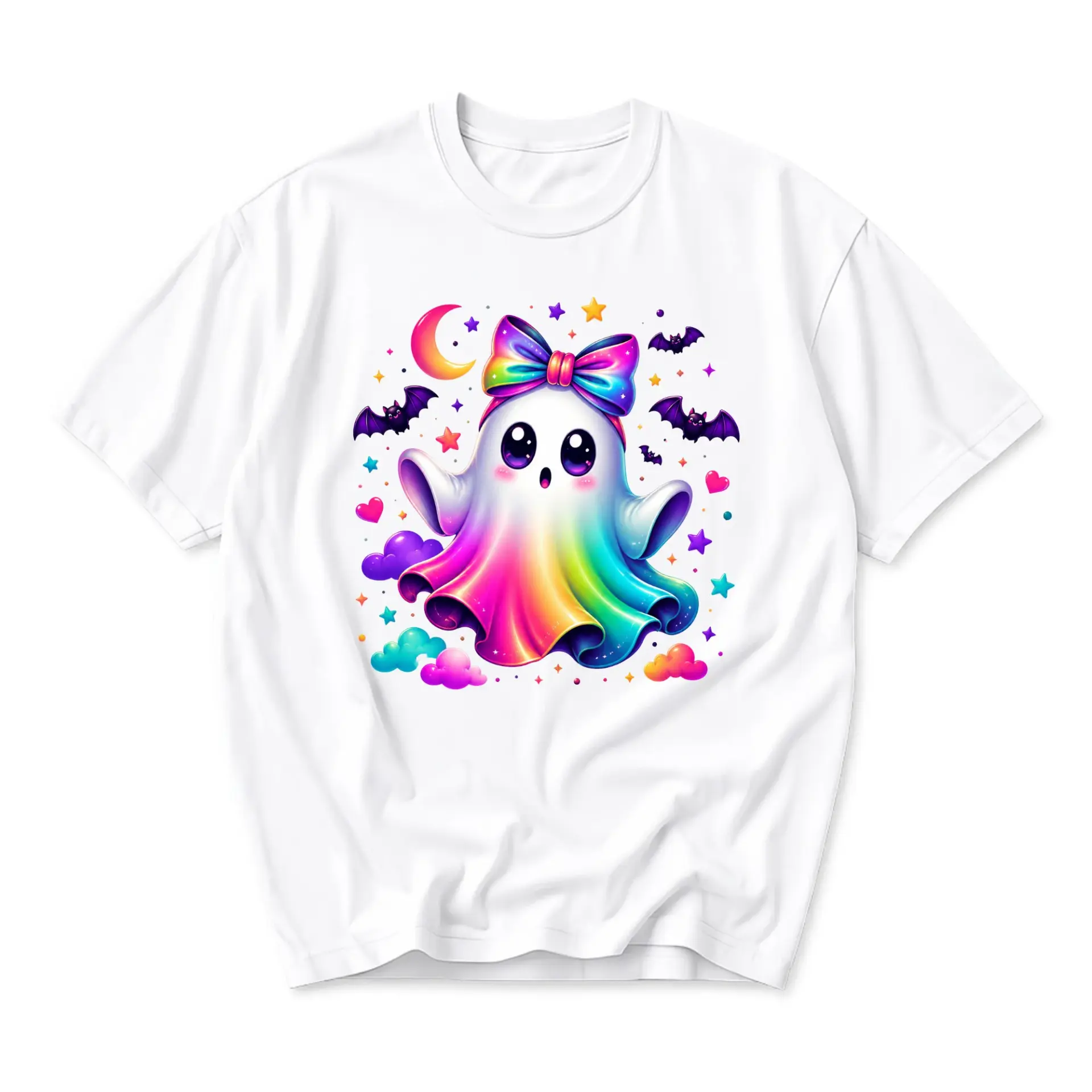 Graphic Tee Cute Rainbow Ghost T-Shirt Kawaii Spooky Season Unisex Crew Neck Casual Everyday Short Sleeve Top