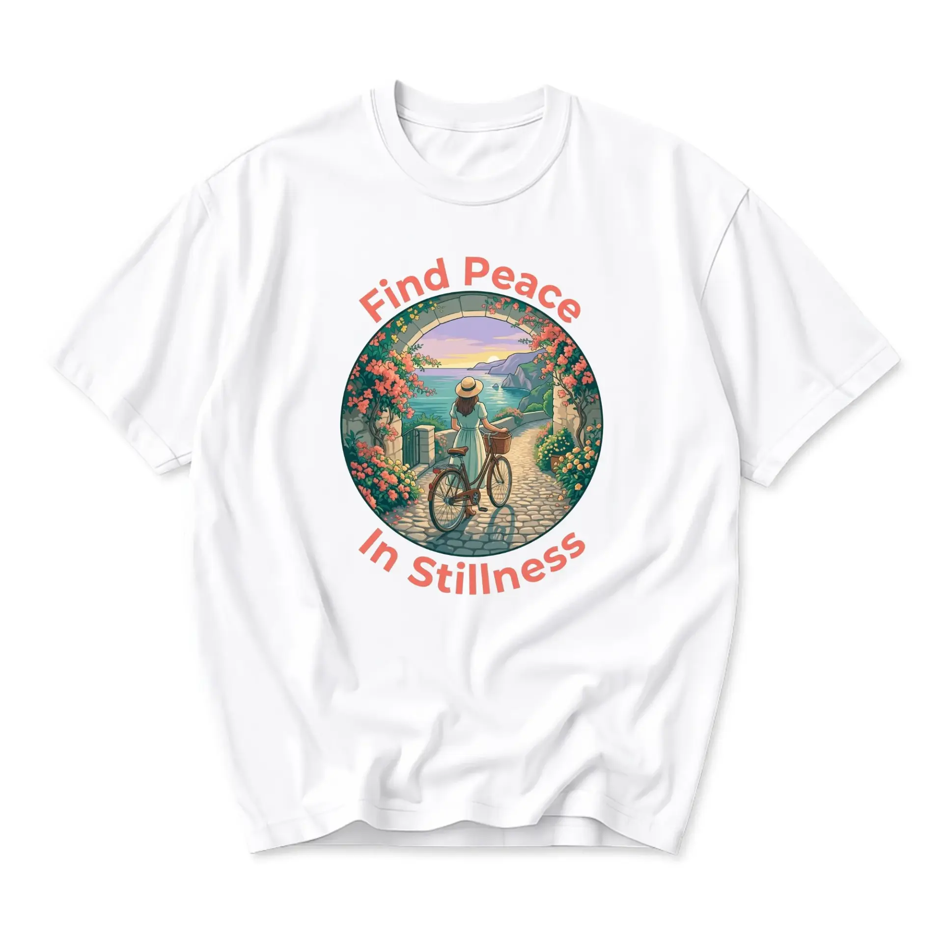 Graphic Tee Find Peace in Stillness Artistic Scenic Bicycle Illustration Unisex Crew Neck Cotton Casual T-Shirt