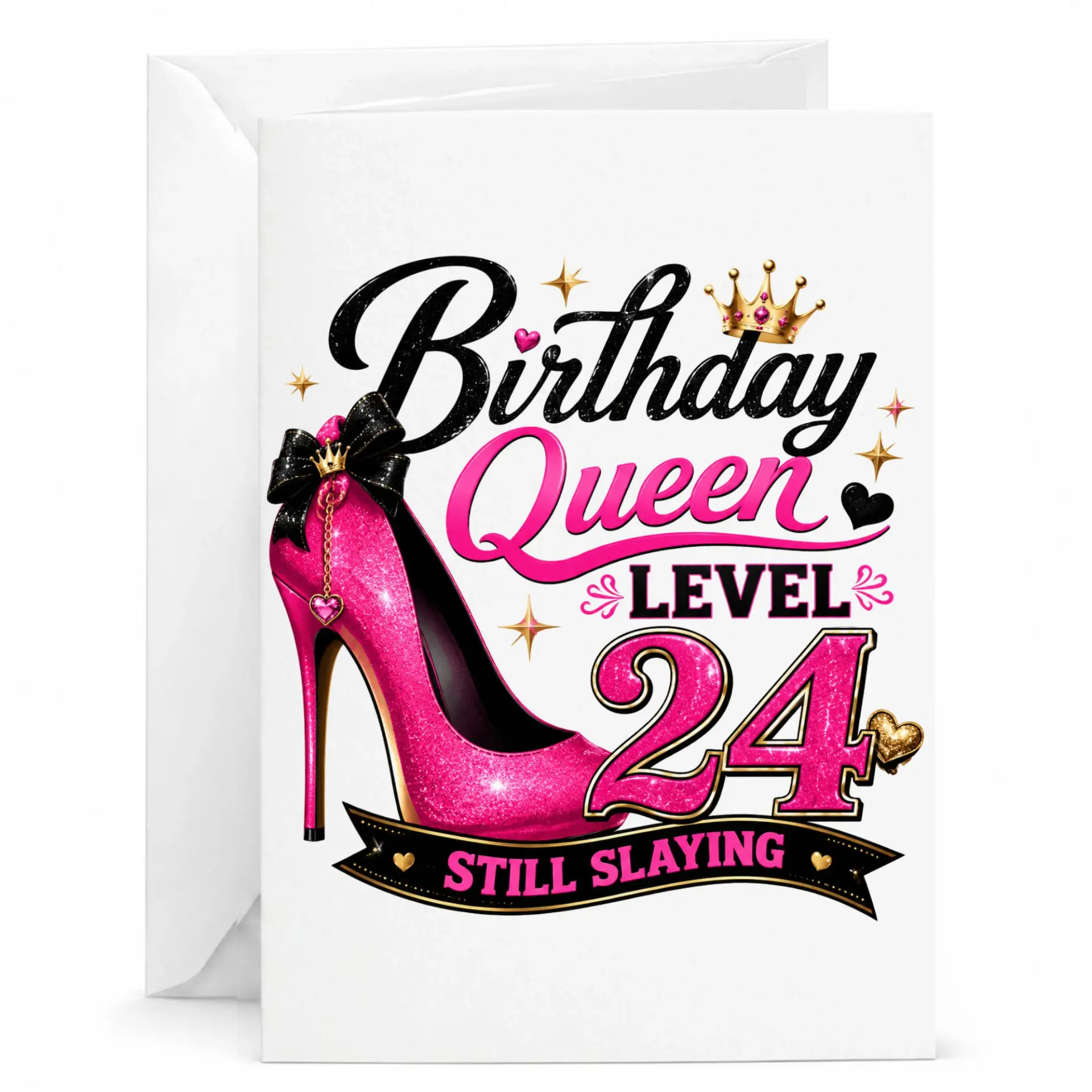 Birthday Queen Level 24 Greeting Card, Funny High Heel Shoe Design for 24th Birthday Celebration, 5x7 Folded Note