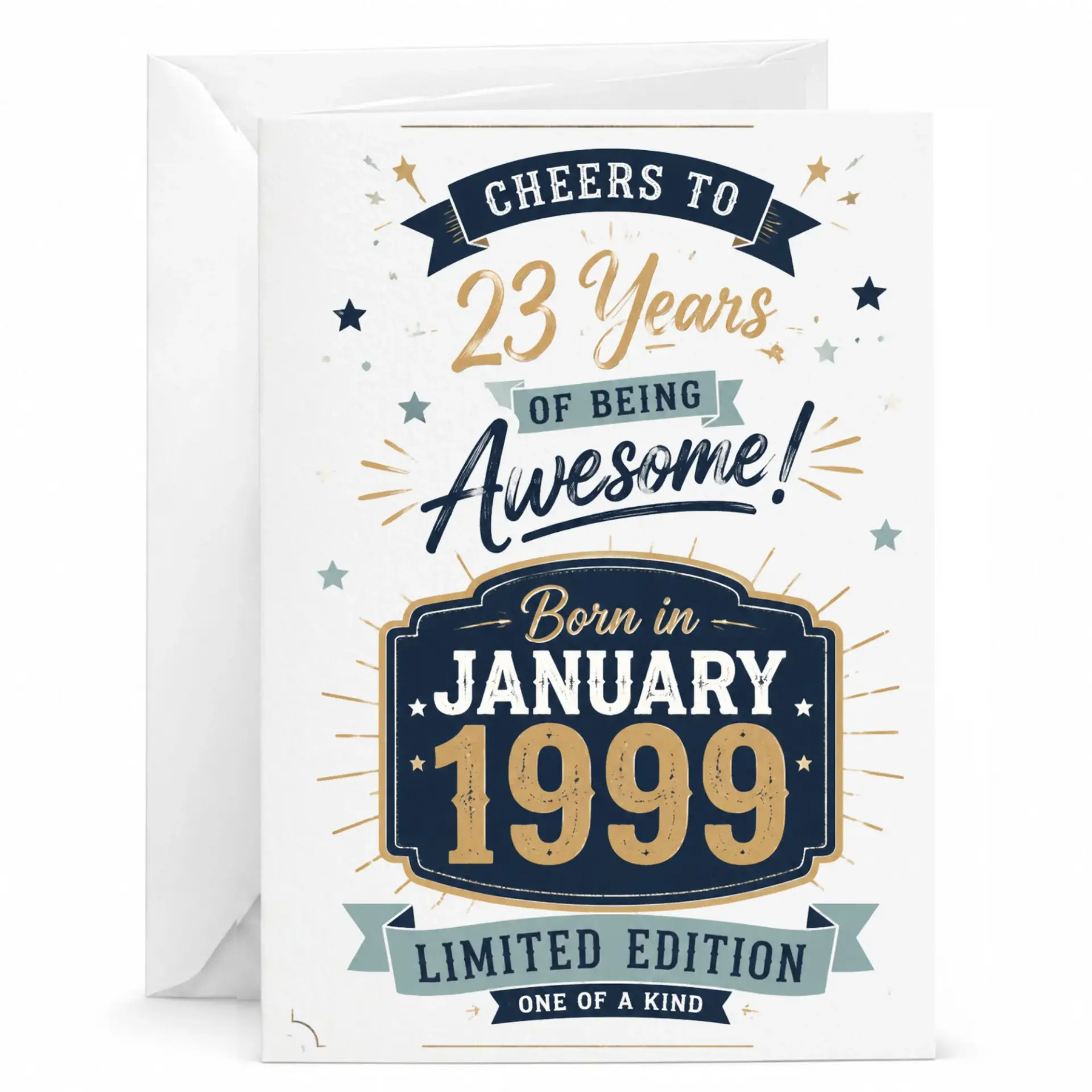 Greeting Card for 23rd Birthday Born in January 1999 Vintage Style Celebration Card with Matching White Envelope
