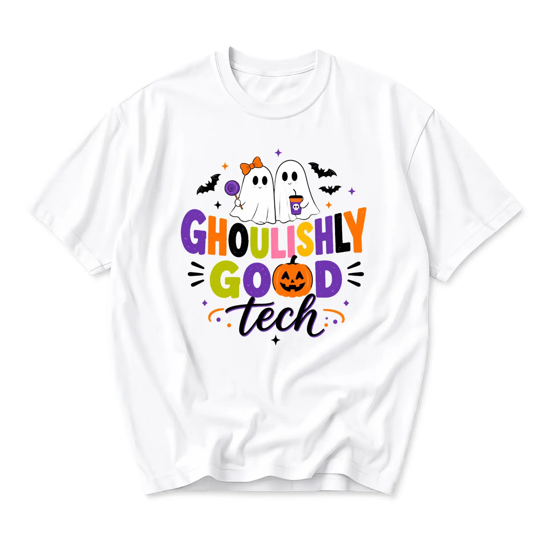 Graphic Tee Ghoulishly Good Tech Funny Halloween Shirt Unisex Crew Neck Short Sleeve Soft Casual Fall Cotton Top