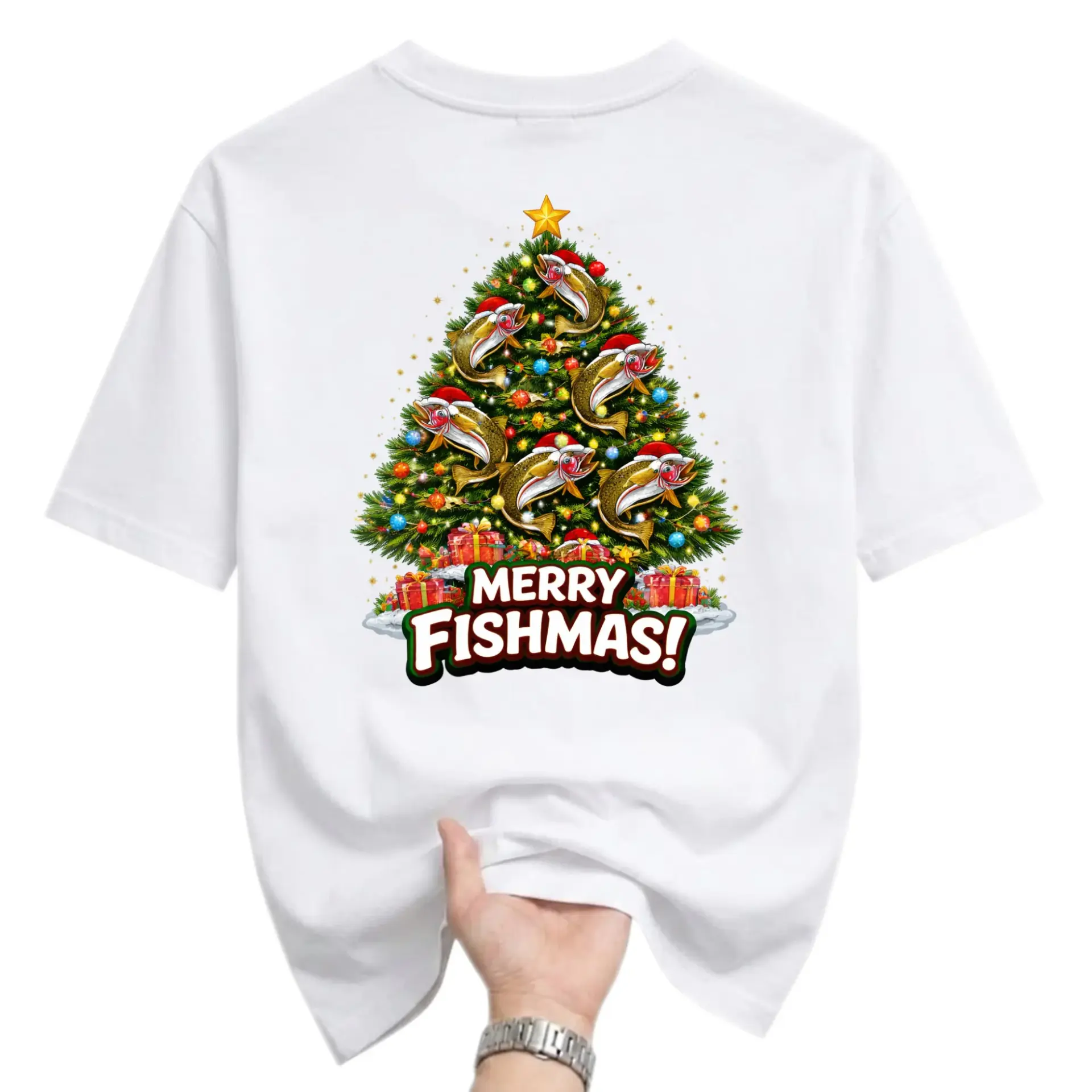 Funny Shirt Merry Fishmas Christmas Tree with Fish Graphic Unisex Crew Neck Short Sleeve Casual Cotton Blend Tee