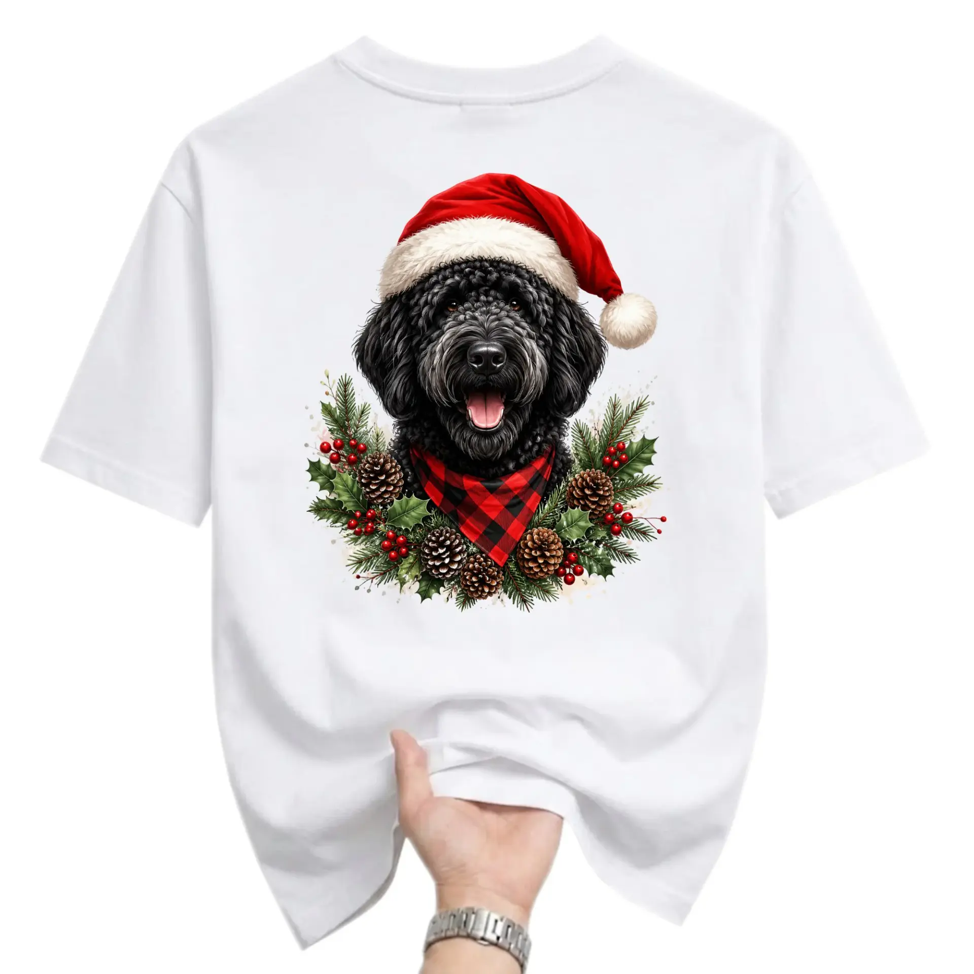 Graphic Tee Christmas Dog Shirt Festive Doodle Wearing Santa Hat with