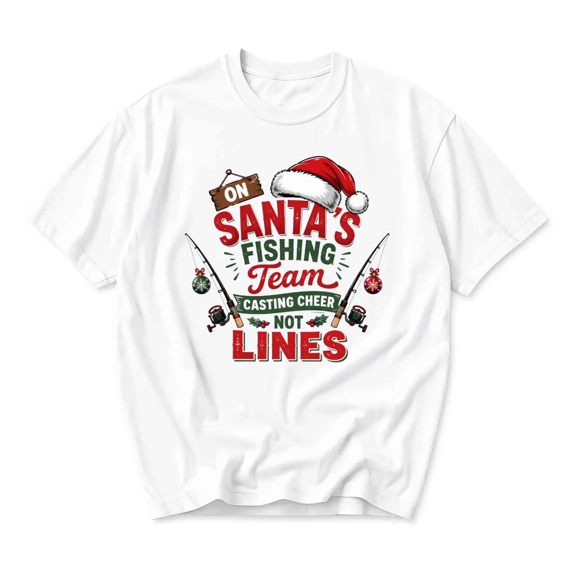 Funny Shirt on Santa's Fishing Team Graphic Tee Holiday Seasonal Casual Short Sleeve Crew Neck Unisex Clothing Top