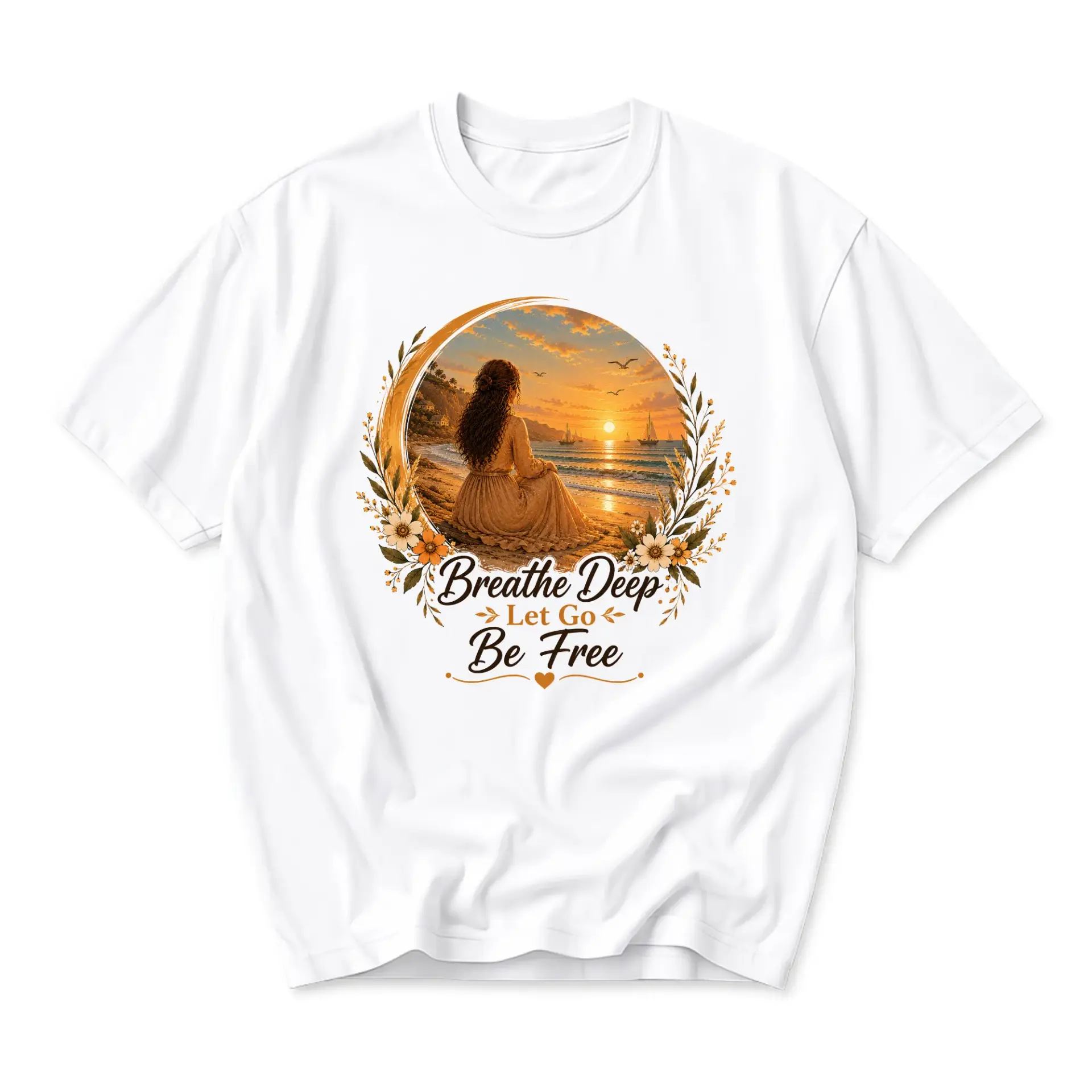 Graphic Tee Breathe Deep Let Go Be Free Inspirational Quote Floral Beach Sunset Unisex Casual Cotton T-Shirt