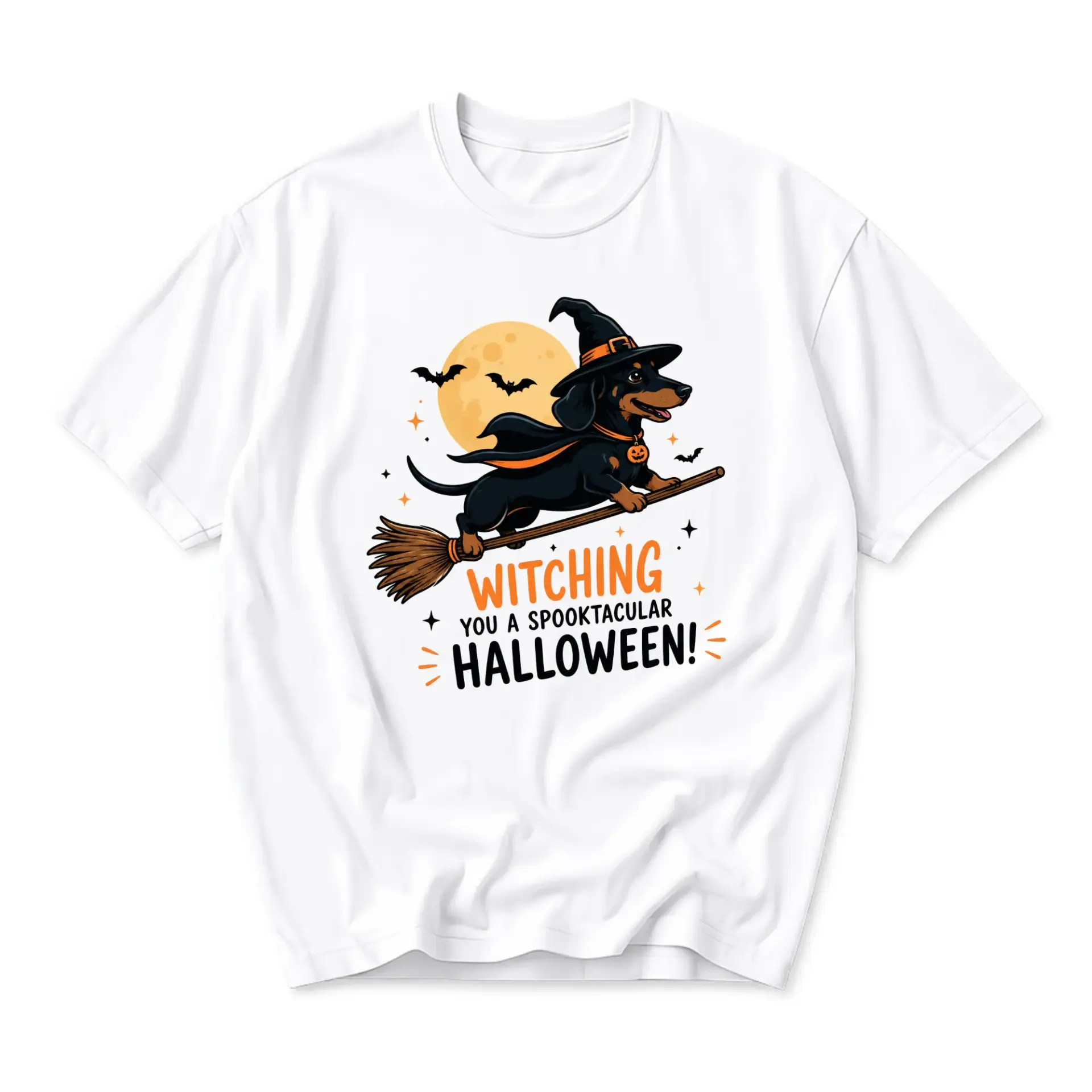 Graphic Tee Witching You a Spooktacular Halloween Dachshund Dog Shirt Unisex Casual Short Sleeve Crew Neck Top