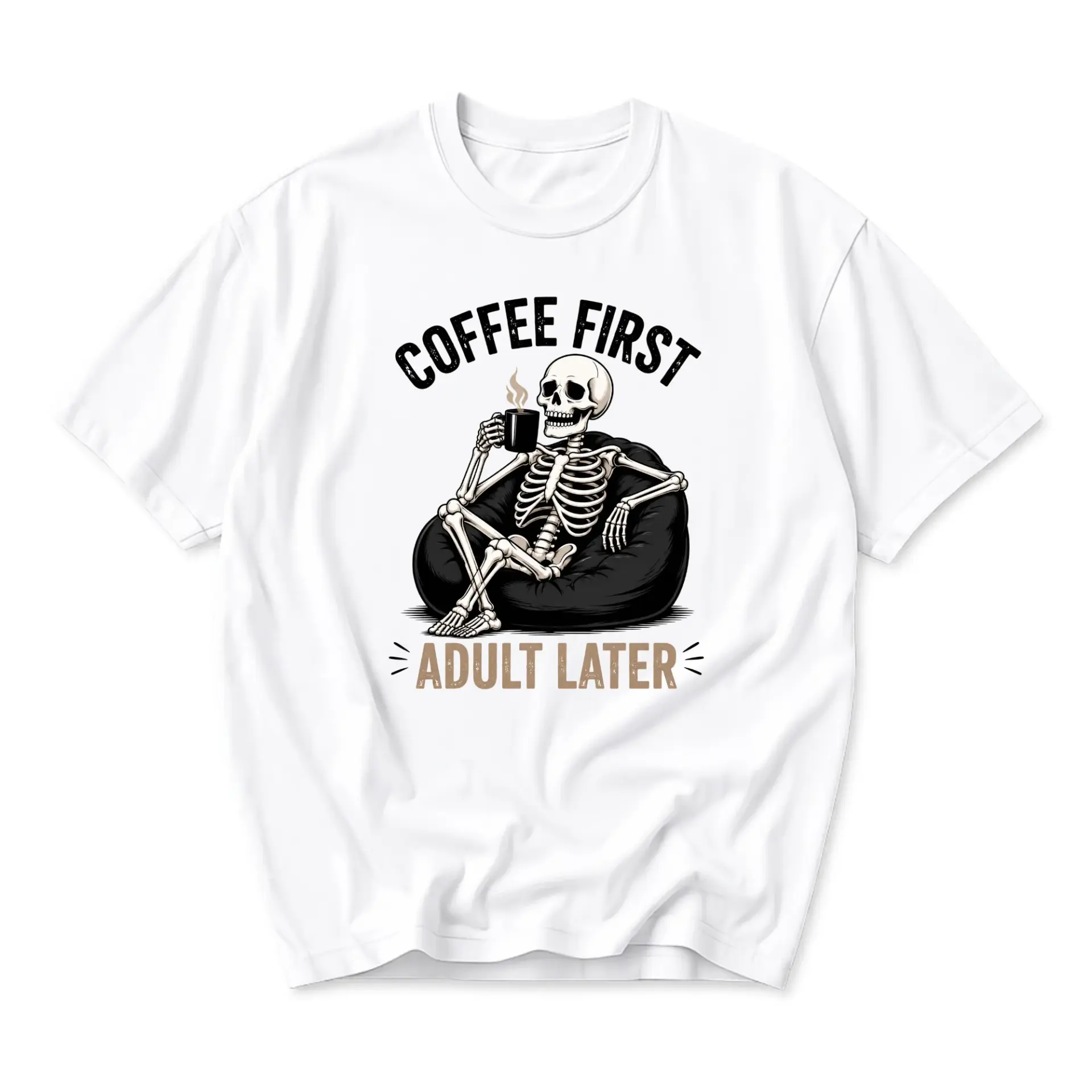 Funny Shirt Coffee First Adult Later Graphic Tee Unisex Crew Neck Casual Cotton Blend Apparel for Everyday Wear