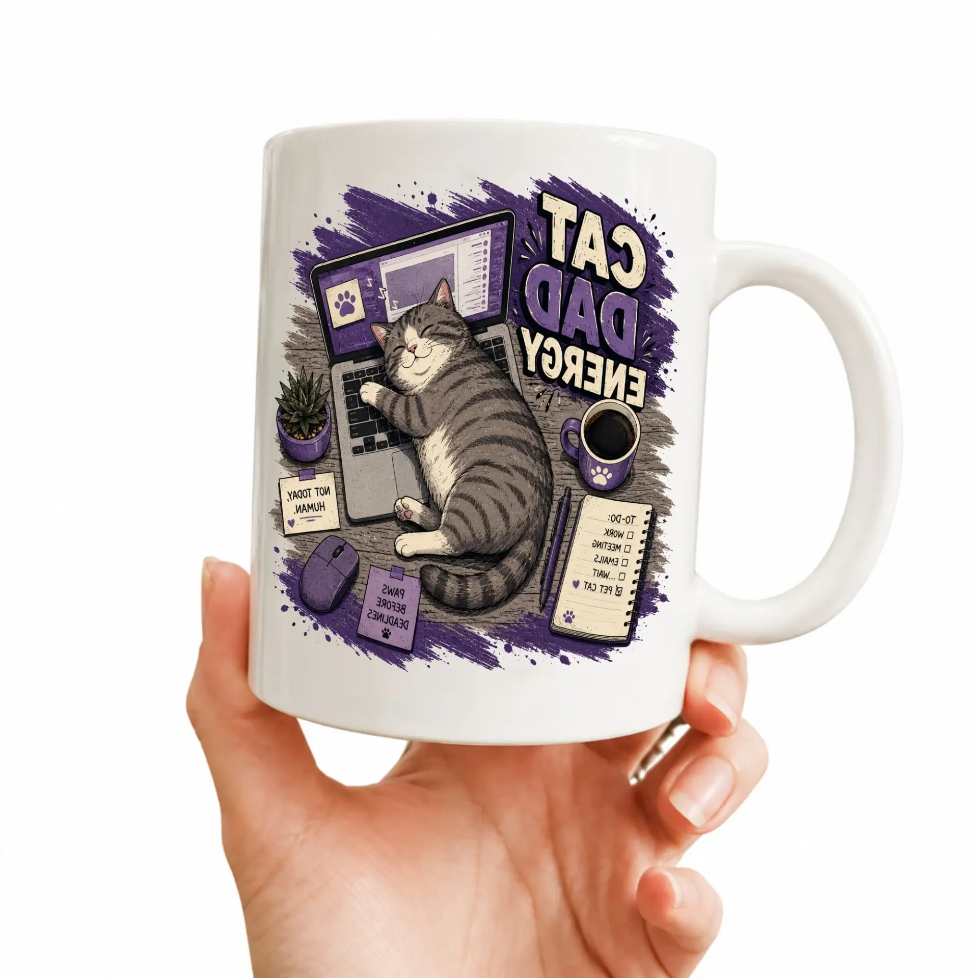 Cat Dad Energy Coffee Mug Funny Office Desk Ceramic Cup Featuring Sleeping Tabby and Work to Do List Design