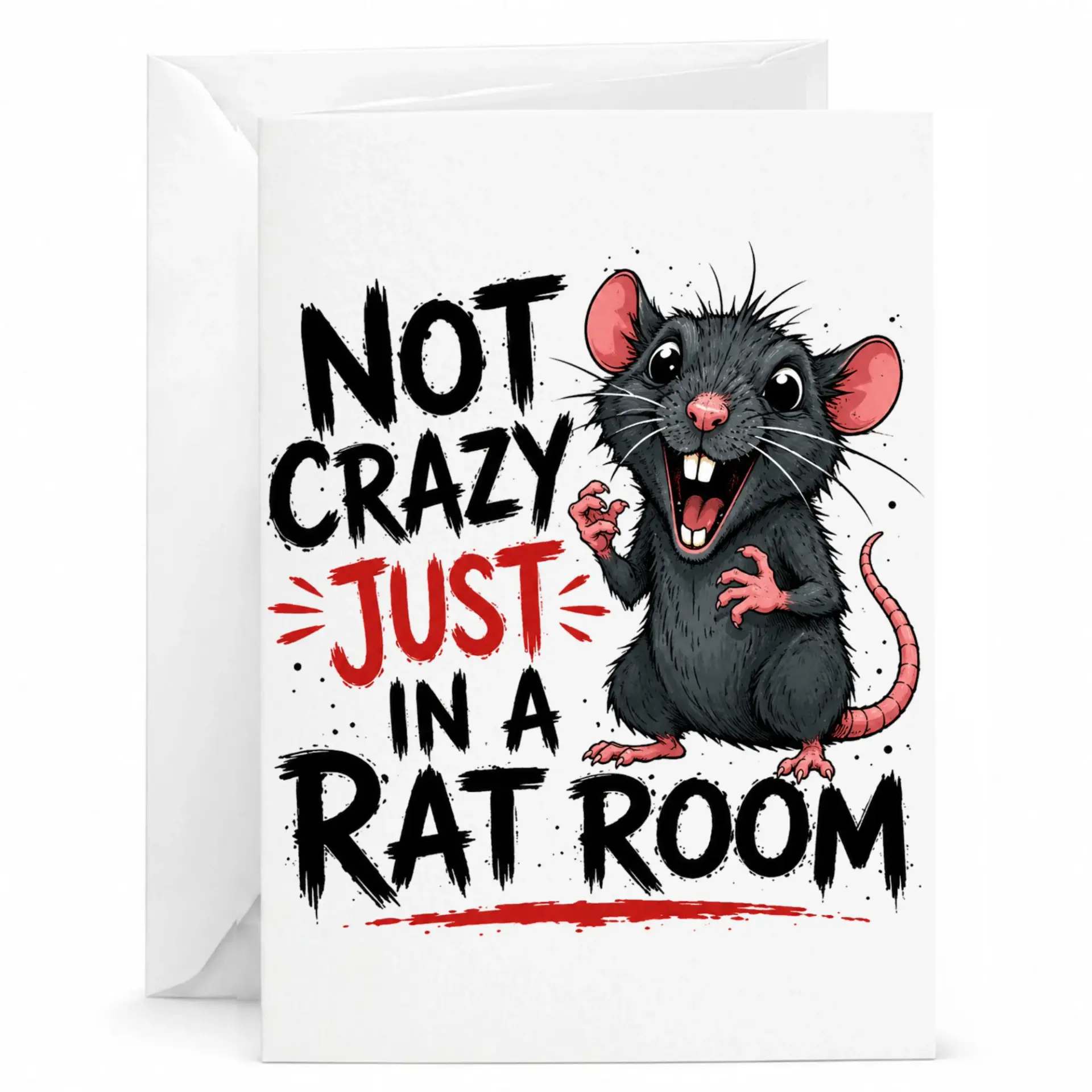 Funny Greeting Card Not Crazy Just in a Rat Room Design with Cute Illustration on Premium Quality Cardstock